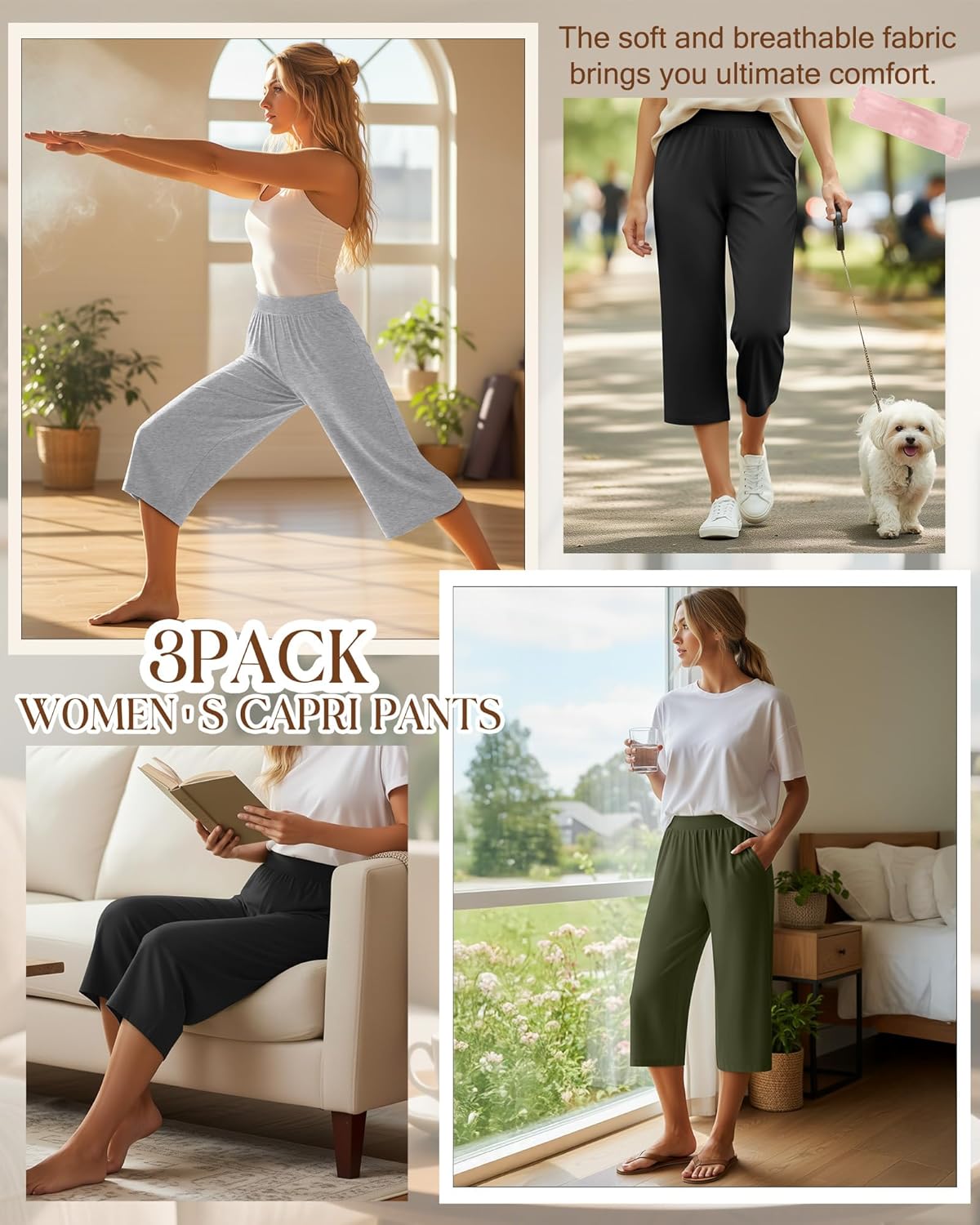 Detalle de Huukeay 3 Pack Women's Capri Sweatpants – Cozy Wide-Leg Cropped Capris with Pockets
