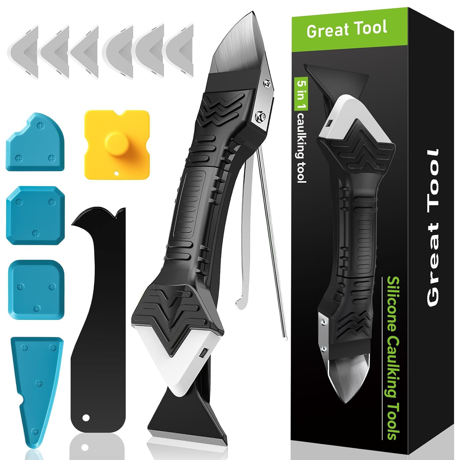 5 in 1 Silicone Caulking Tool Kit – caulk sealant remover & smoothing tool with 6 silicone pads (White)