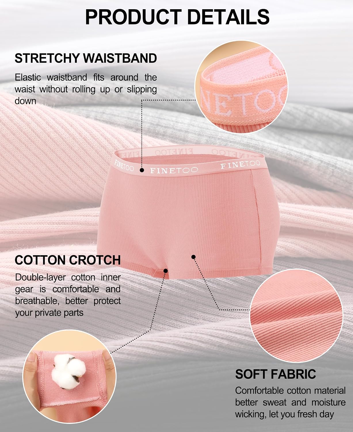 Detalle de FINETOO 5-Pack Cotton Boyshort Underwear for Women (Full Coverage)