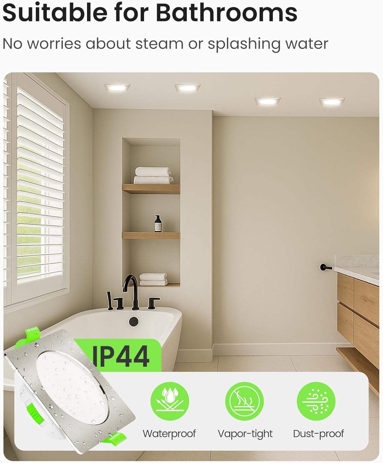 Thumbnail 5 de ALUSSO LED Einbaustrahler 230V eckig dimmbar, 7 W, IP44 (12er-Set) – 3 Farbtemperaturen wählbar, flach 68 mm, Nickel gebürstet