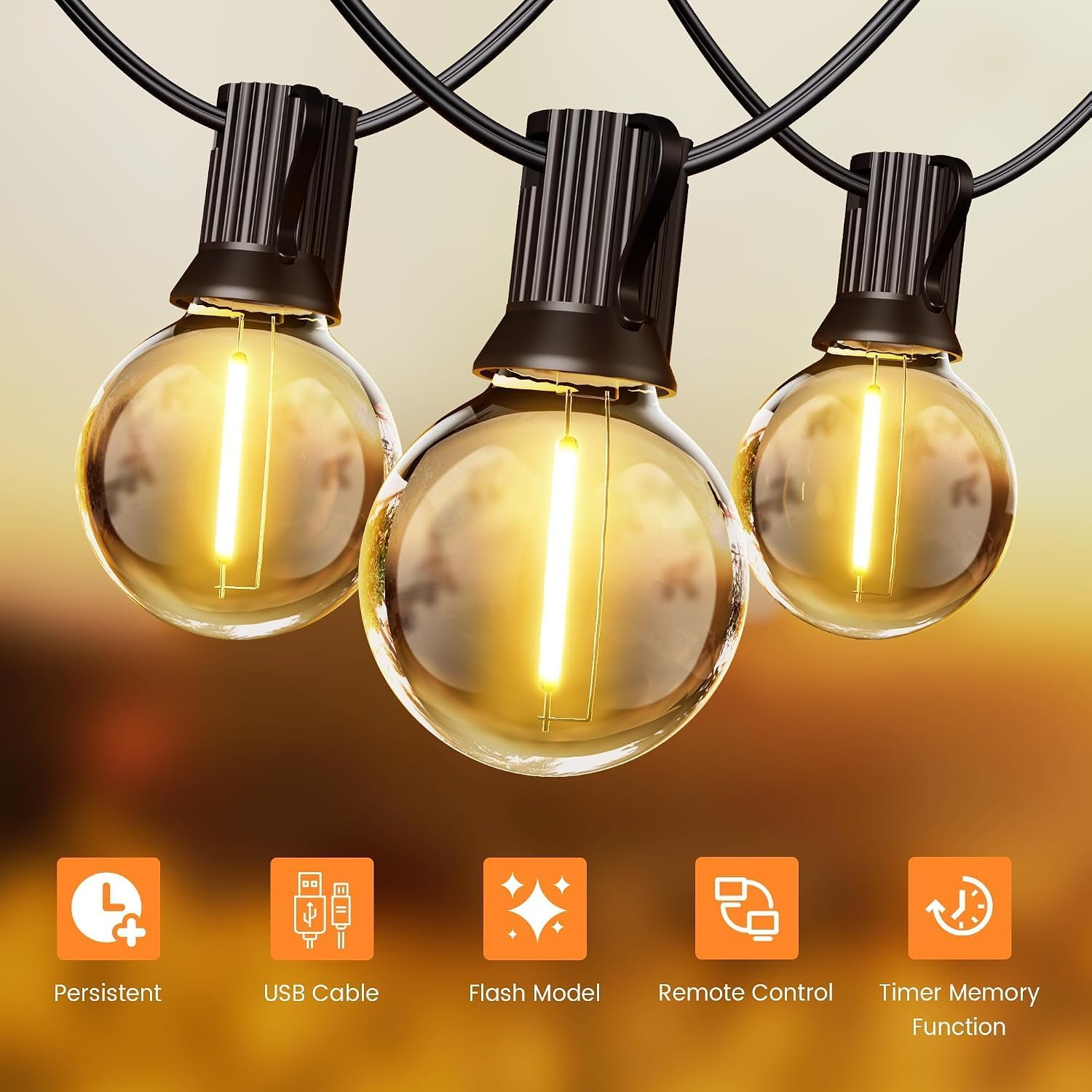 Detalle 2 de OHLUX GLS-18J2P-G40-50 Solar String Lights, 120 ft, Warm White G40 LEDs