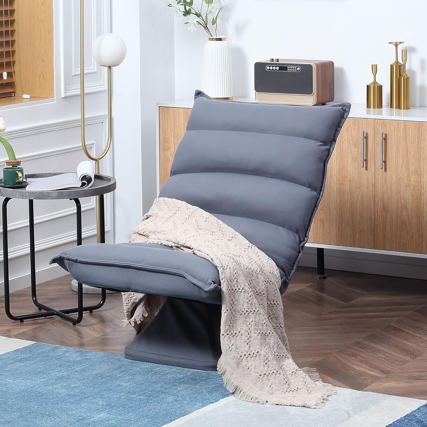 Detalle de HOMCOM Fauteuil de sol paresseux pivotant 360° avec dossier inclinable gris capitonné
