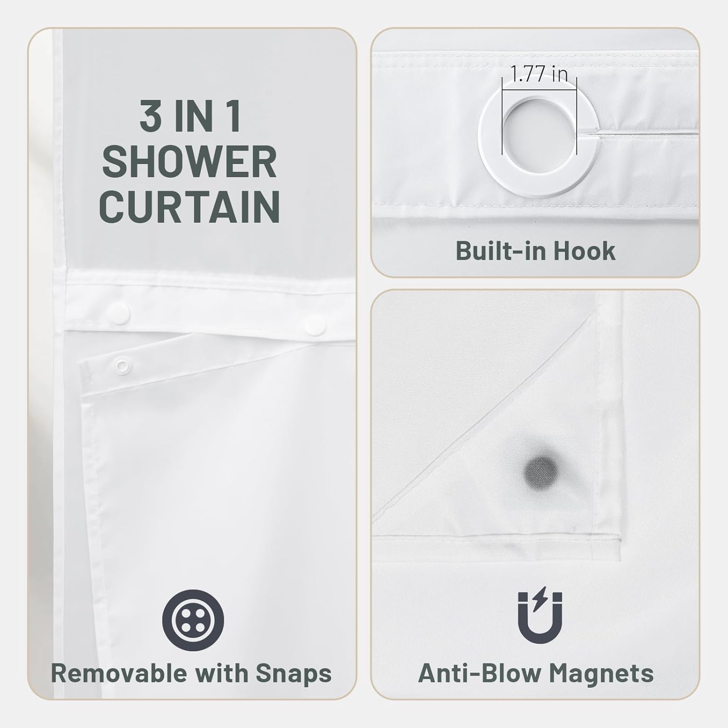 Thumbnail 4 de WITHLOC No Hook Shower Curtain with Snap-in Liner (Watercolor Floral, Plants Blue/Beige) — 71 x 74 Inch