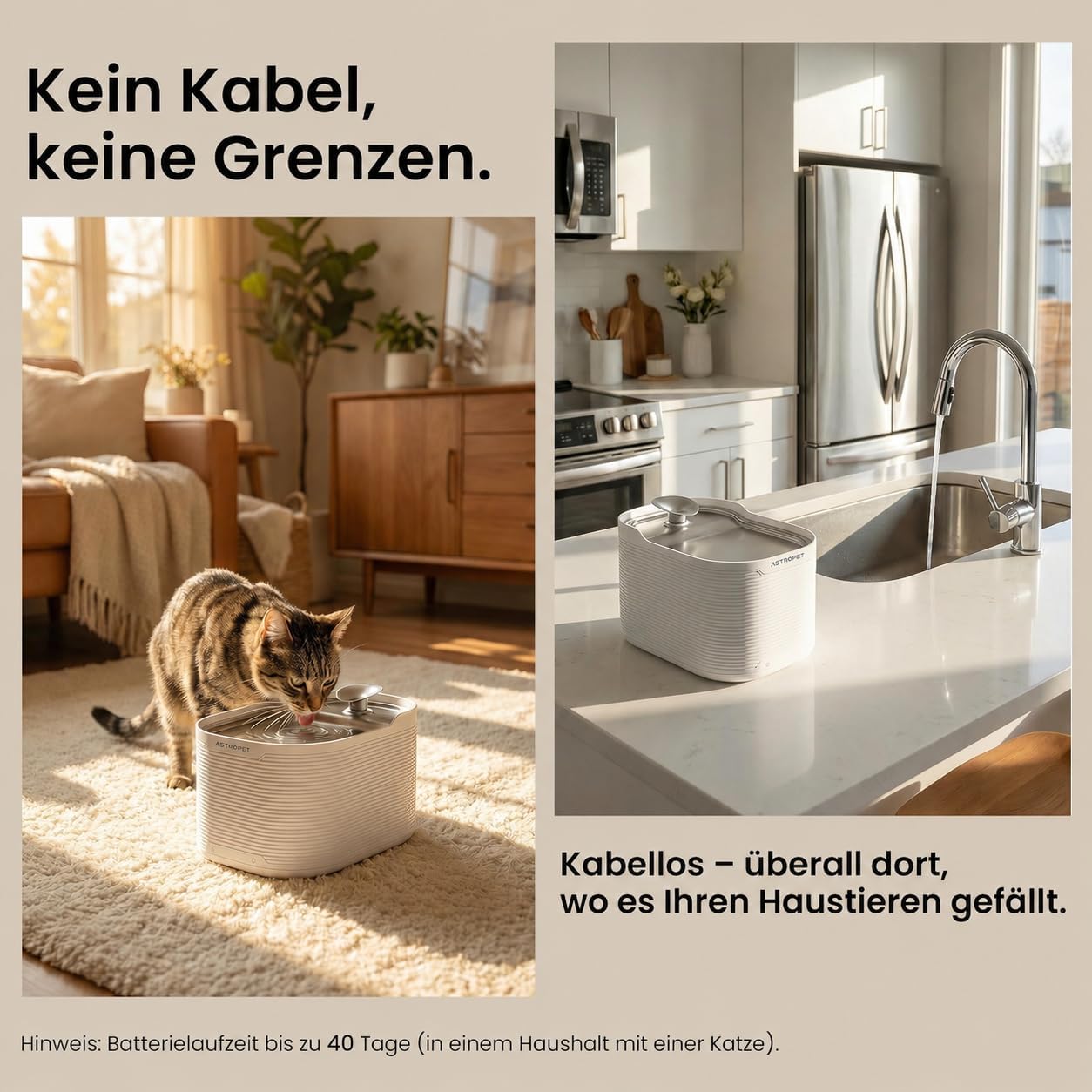 Detalle de AstroPet 2,5L Katzenbrunnen Kabellos mit Bewegungsmelder – Edelstahl, 5200 mAh Akku, leise & filtertiges Trinkbrunnen-System