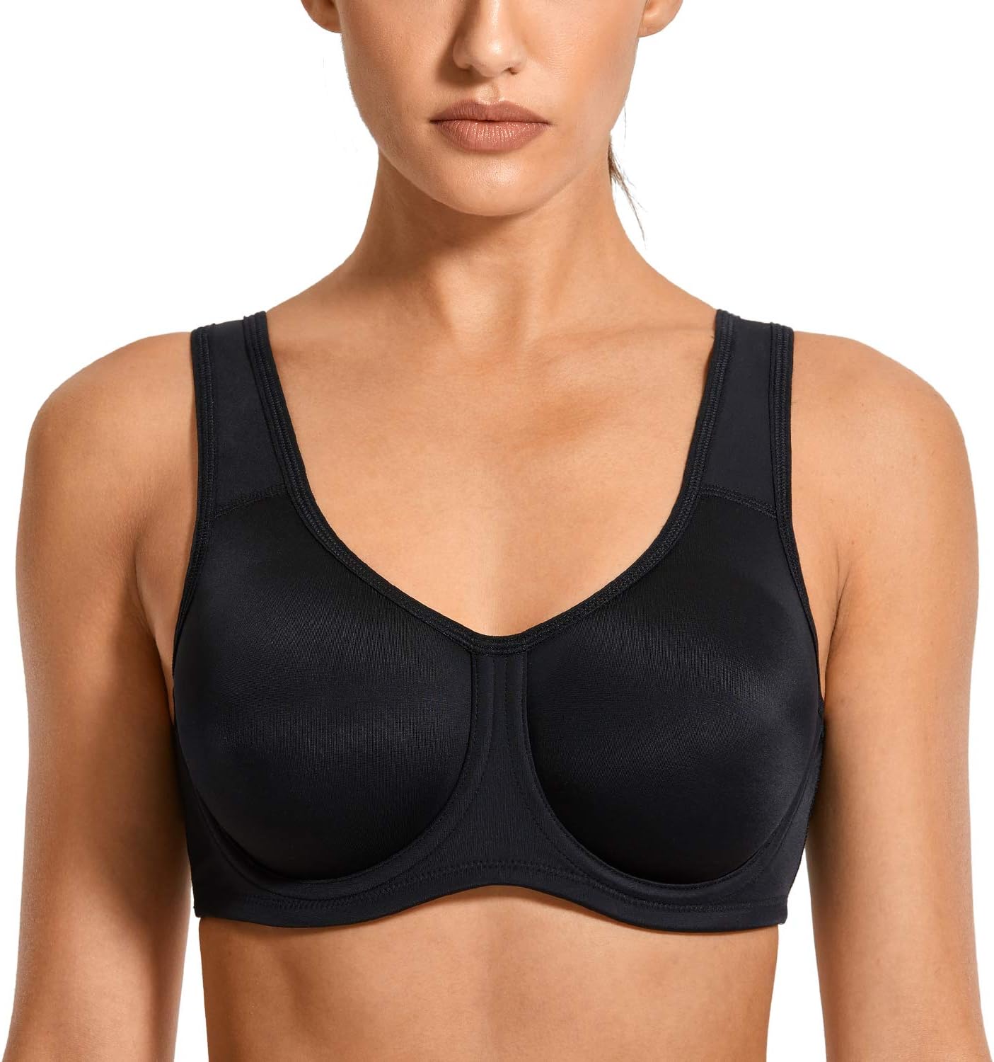 Detalle de SYROKAN Women's Max Control Underwire Sports Bra – High Impact Support for Plus Size
