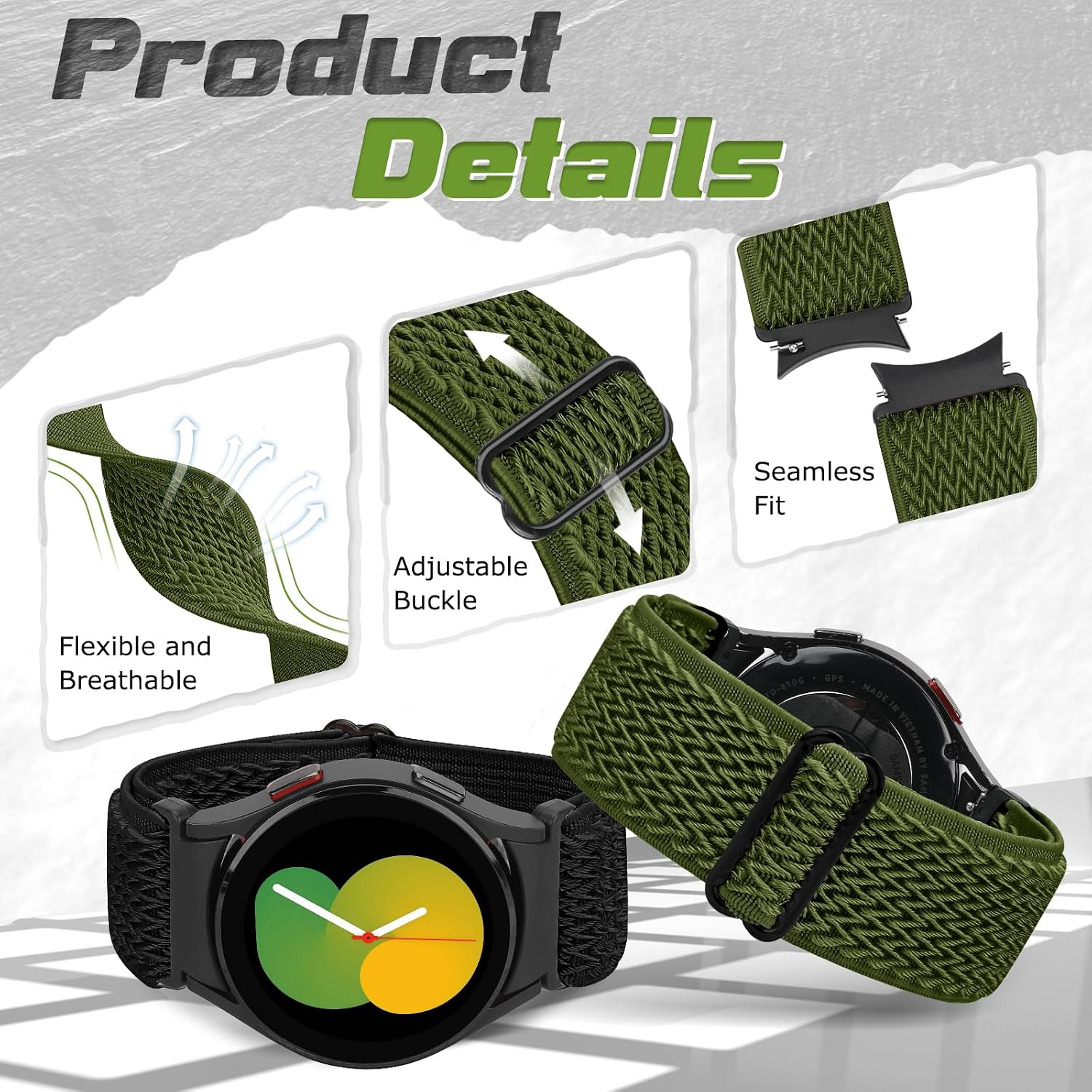 Detalle de Yunshare Stretch Nylon Solo Loop elastic watch straps for Samsung Galaxy Watch 6/5/4 (40–47mm) and Watch 5 Pro