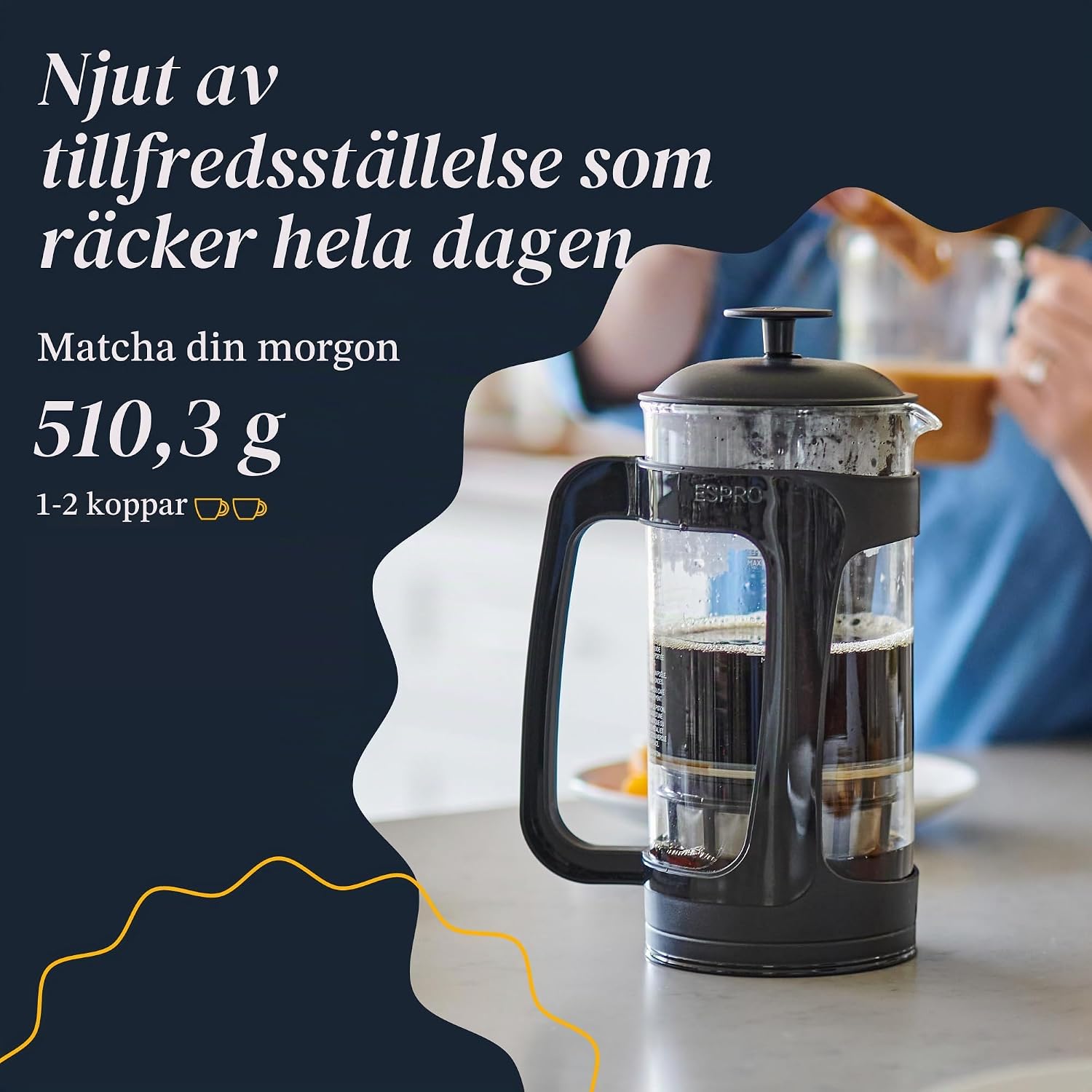 Detalle de ESPRO P3 1418C-BK presskanna i glas, 530 ml, svart med dubbelfilter
