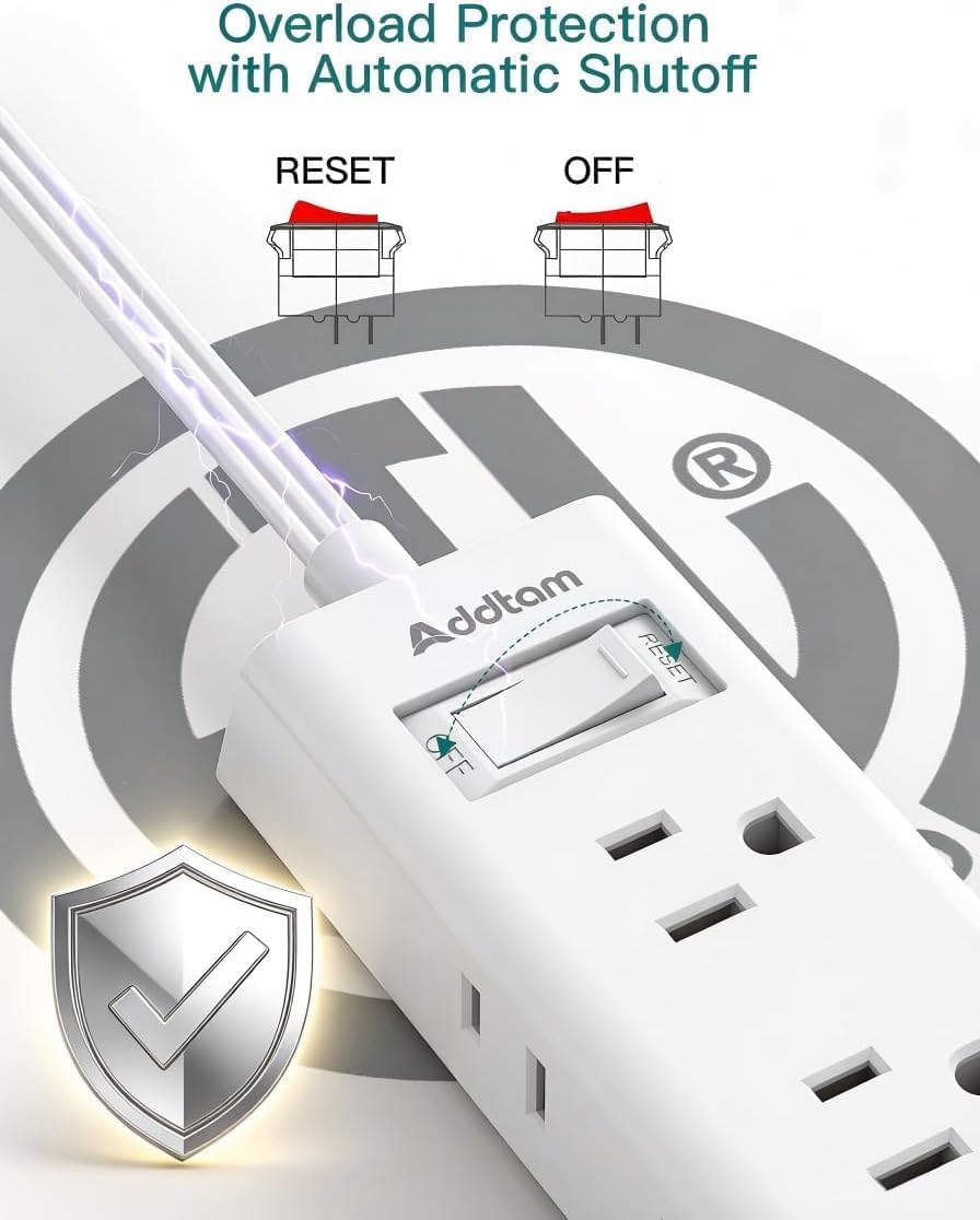 Detalle de Addtam AD308 Flat Plug Power Strip, 6 Outlets, 1 ft Cord