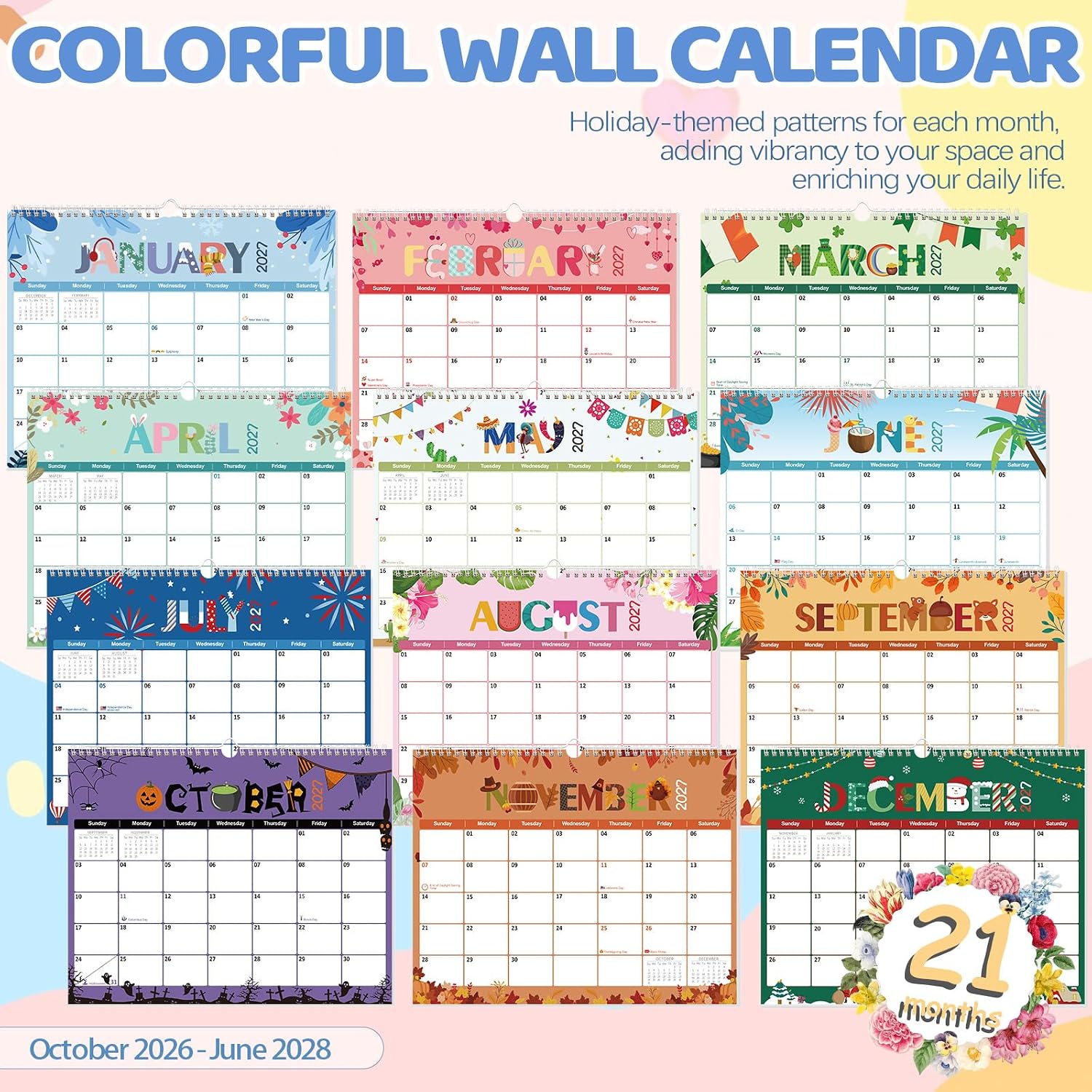 Detalle 2 de GuassLee F Festival cartoon B Wall Calendar, 21-Month October 2026–June 2028, 14" x 11