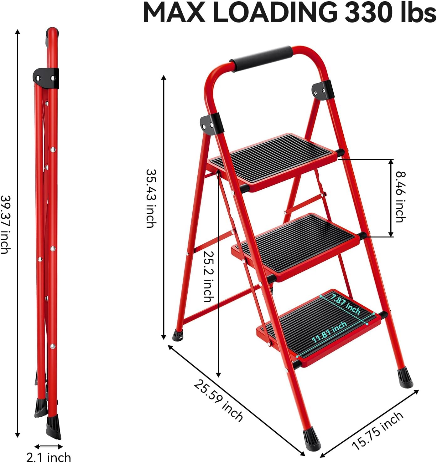Thumbnail 3 de KINGRACK Folding 3-Step Ladder with Non-Slip Pedals
