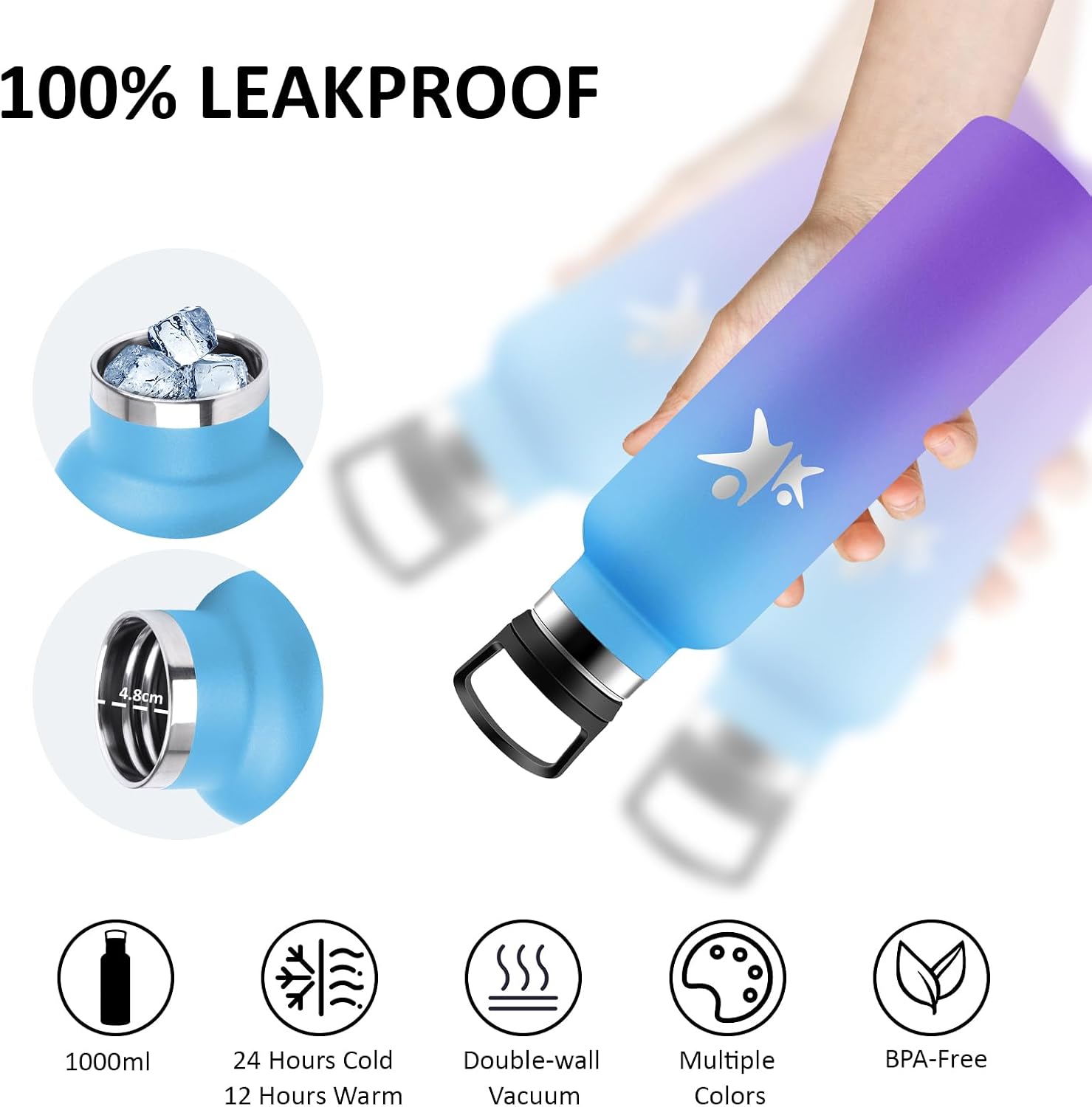 Detalle de Gourde Isotherme 1L en Acier Inoxydable – Sans BPA, Anti-Fuite, Double Isolation avec Paille