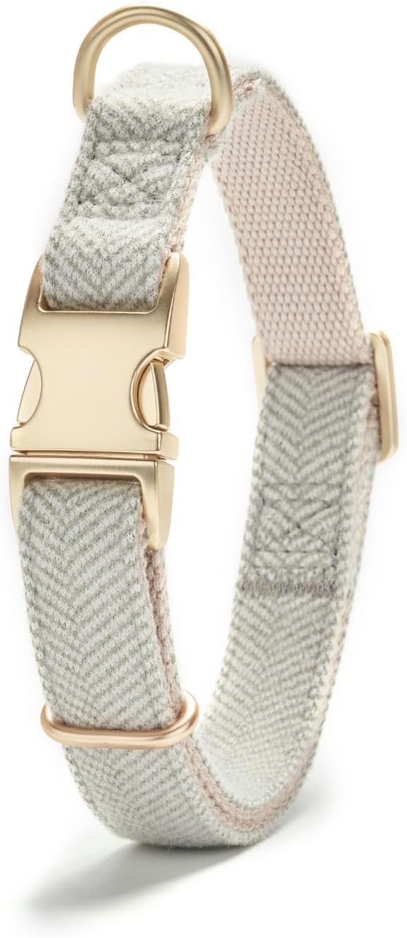 Detalle de Petiry Tweed Herringbone Dog Collar with Metal Buckle for Small Dogs (25–38 cm) – Grey