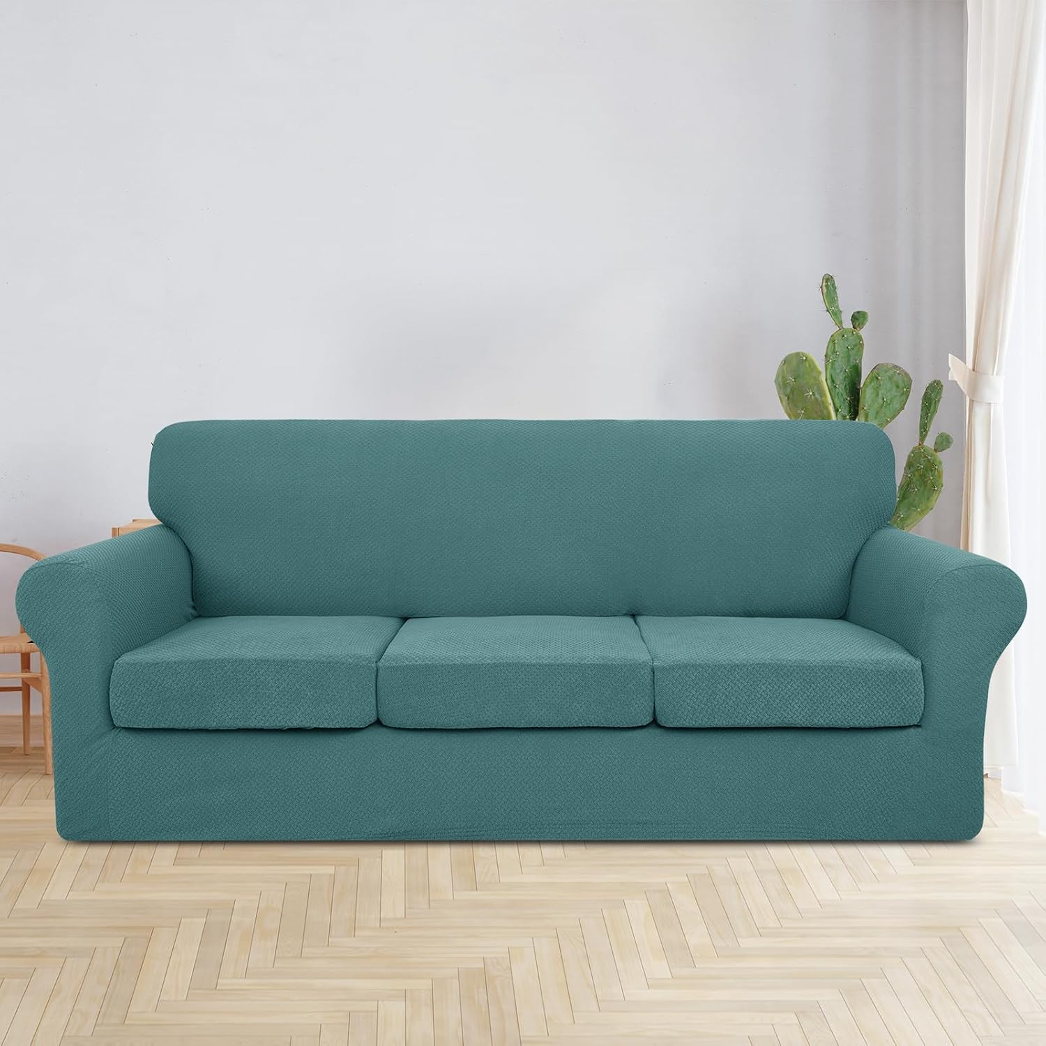 Detalle de JIVINER 4-Piece Stretch Sofa Cover for 3 Cushions, Peacock Blue