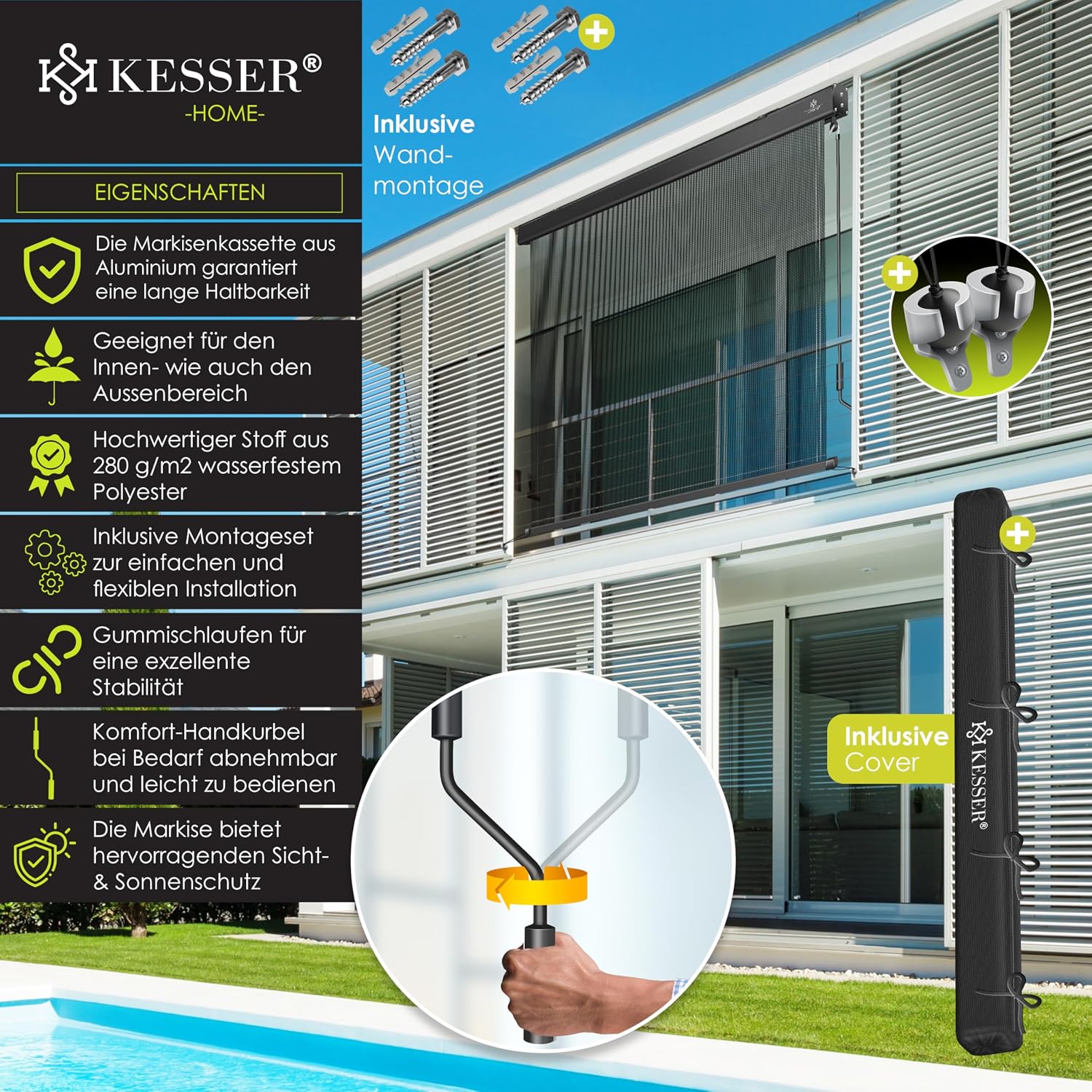 Detalle 2 de KESSER® Senkrechtmarkise 140x250 cm Außenrollo mit Handkurbel – Balkon- & Terrassenschutz