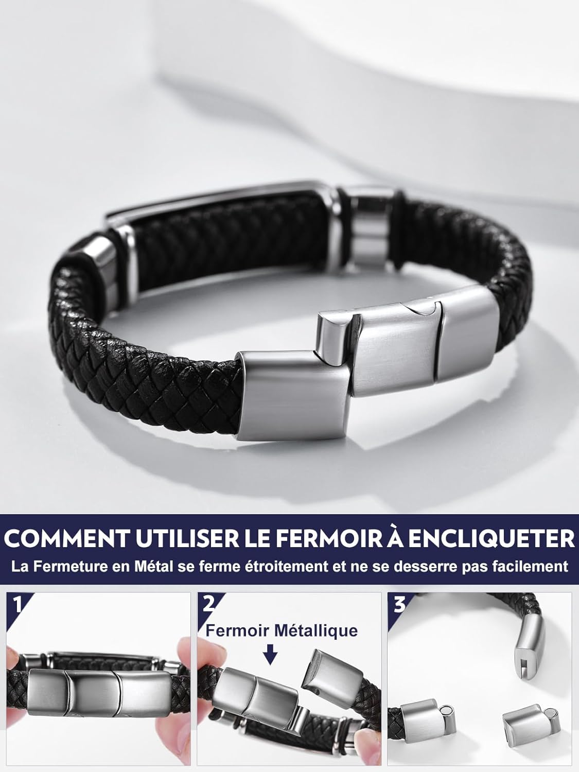Thumbnail 3 de Bandmax Bracelet Homme Cuir PU Tressé Noir 21/23 cm avec Manchette Marteau – Accessoire de mode Bandmax