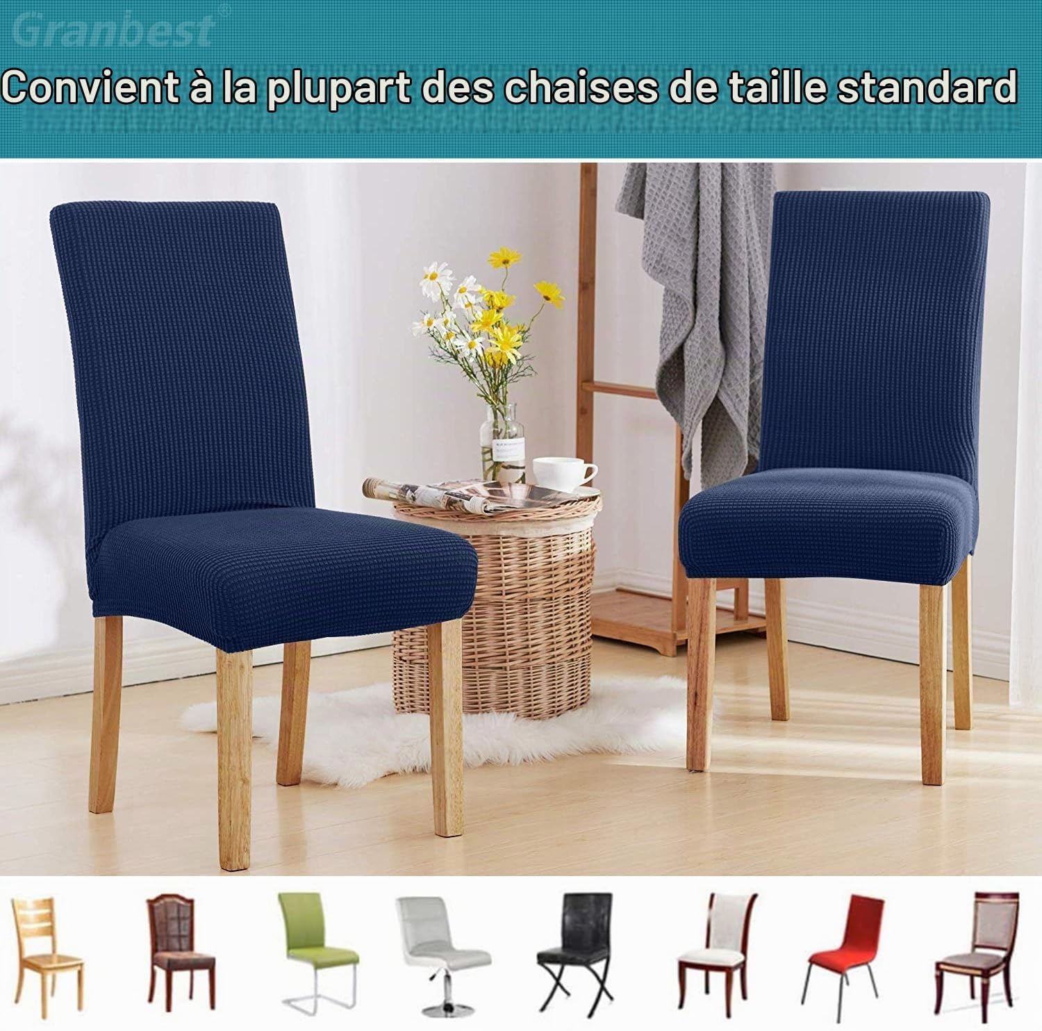 Detalle de Granbest stoelhoezen, set van 4, elastisch en afneembaar, marineblauw