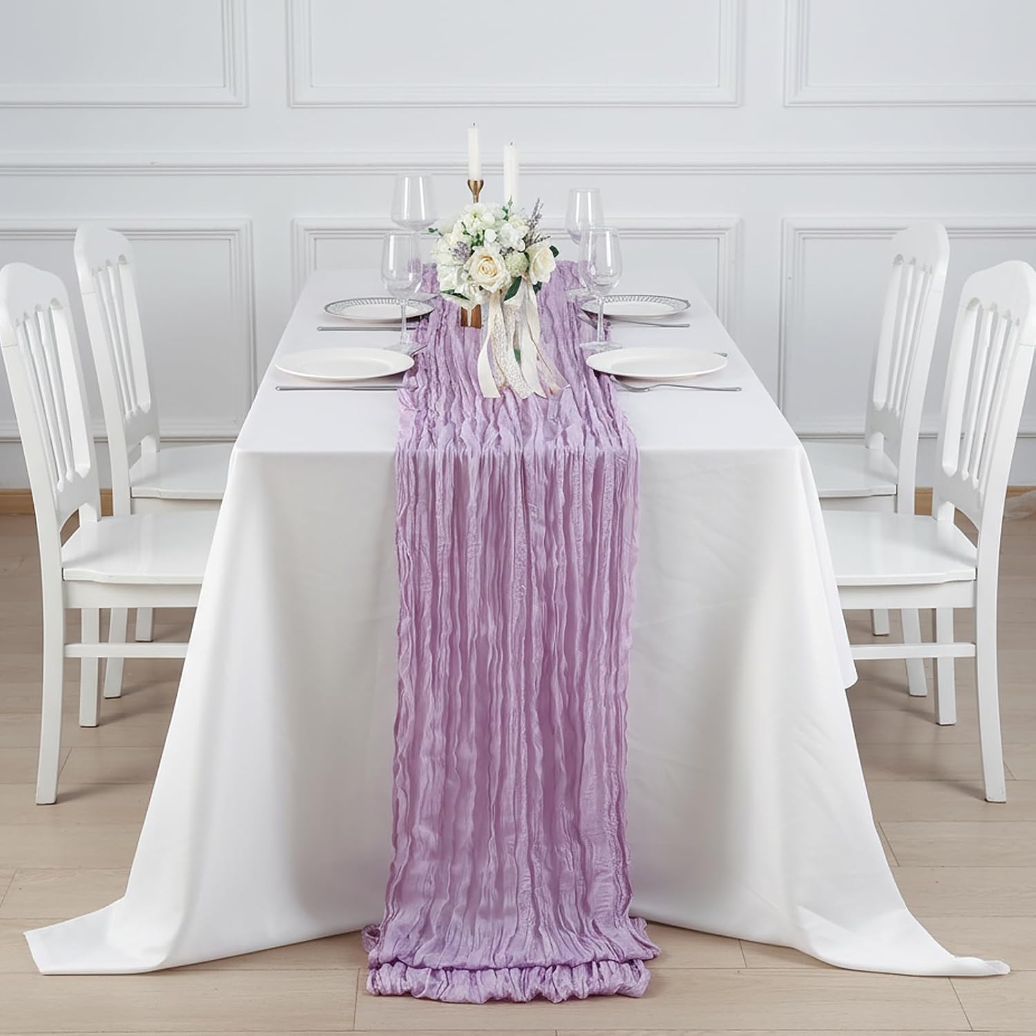 Thumbnail 3 de 8 Pack Lilac Purple Cheesecloth Table Runner (120 Inch) for Elegant Tablescape