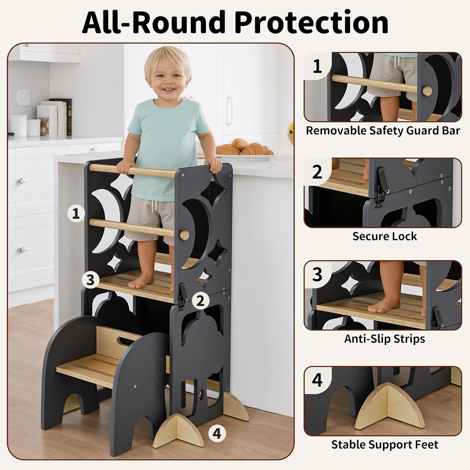 Detalle 1 de COSYLAND CS000197-3-CA 4-in-1 Toddler Kitchen Step Stool, Foldable Wooden Tower