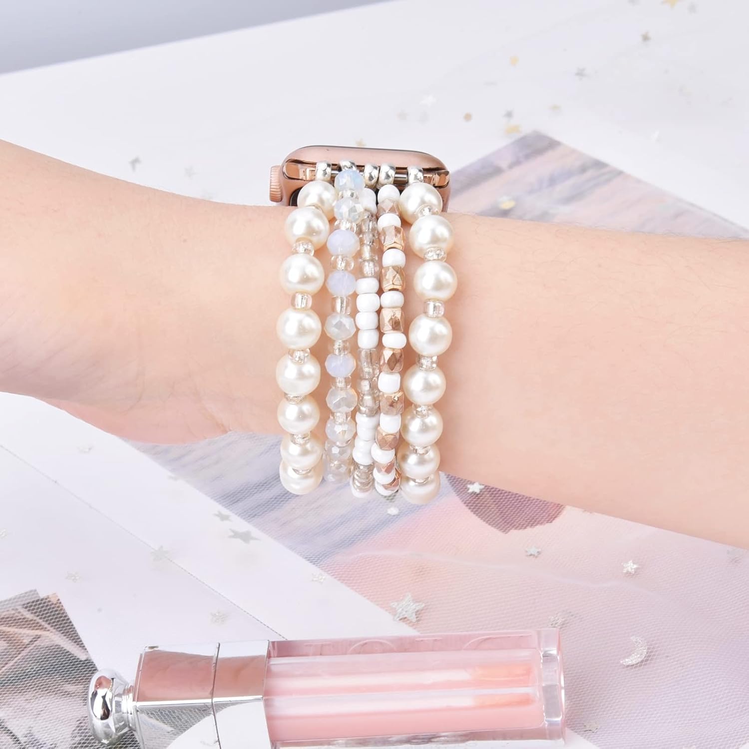 Thumbnail 6 de VISOOM Beaded Bracelet for Apple Watch 38mm/40mm/41mm/42mm (Pearl & Crystal Stretch Band)