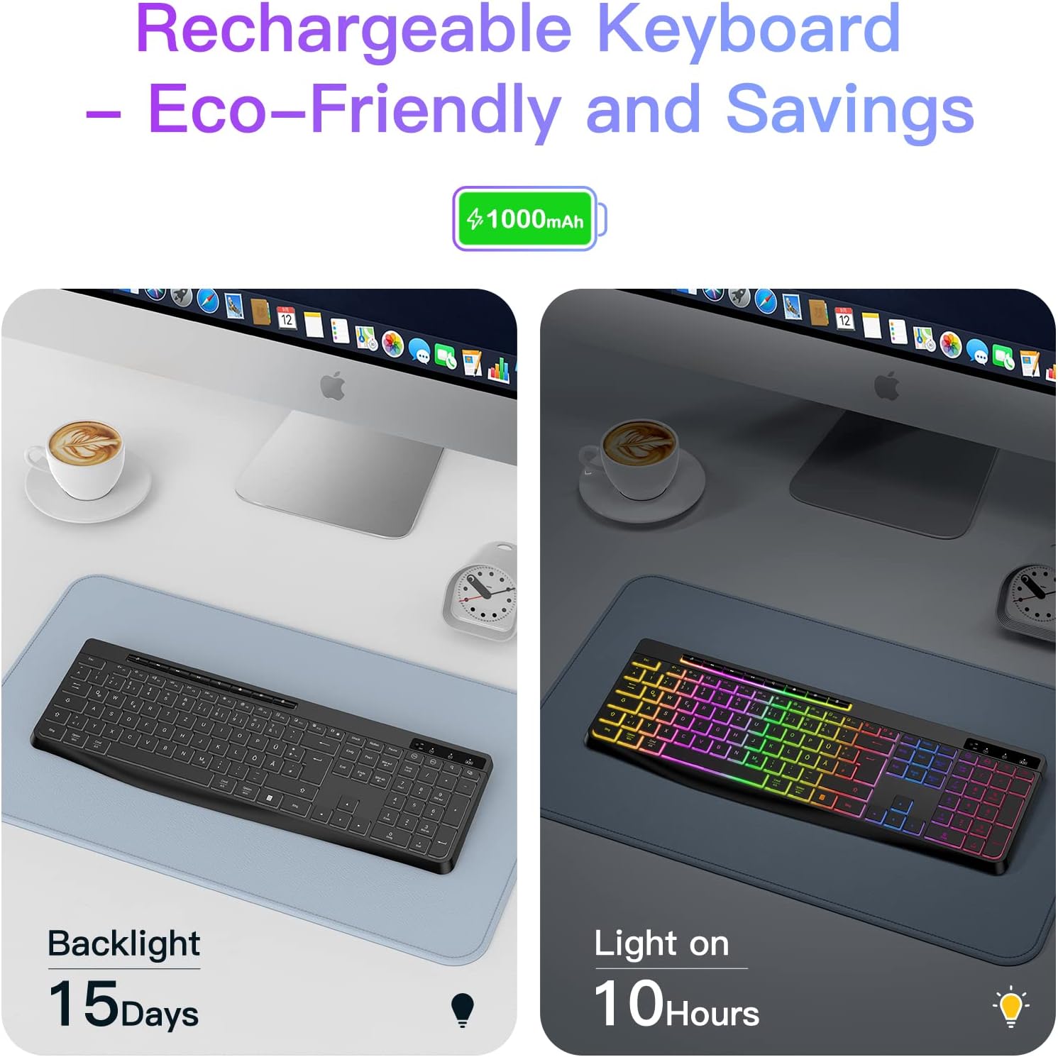 Detalle de TECURS kabellose Gaming-Tastatur (QWERTZ) mit Beleuchtung, leisen Tasten & Multimedia – für Windows, Mac, PS4 und Xbox, schwarz