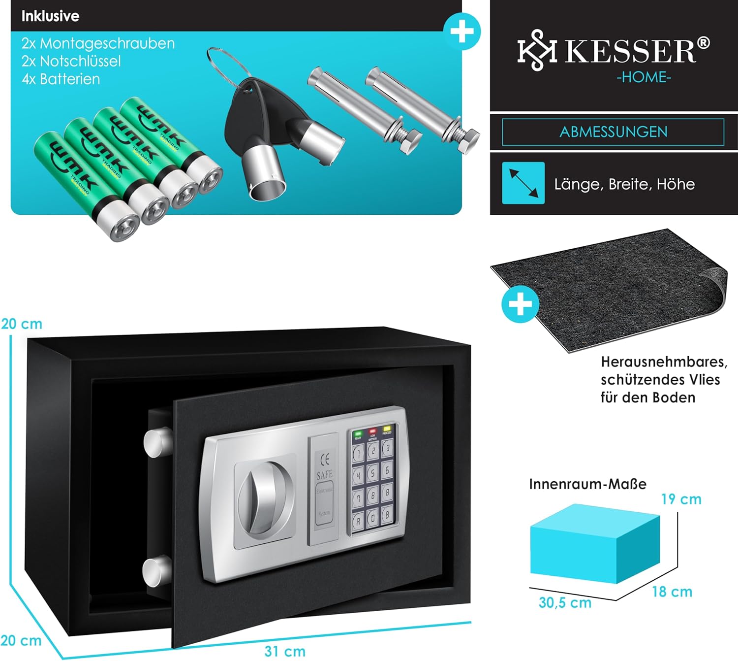 Thumbnail 6 de KESSER Elektrischer Tresor 31x20x20 cm – Wand- oder Möbel-Tresor mit LED-Anzeige und Doppelbolzenverriegelung