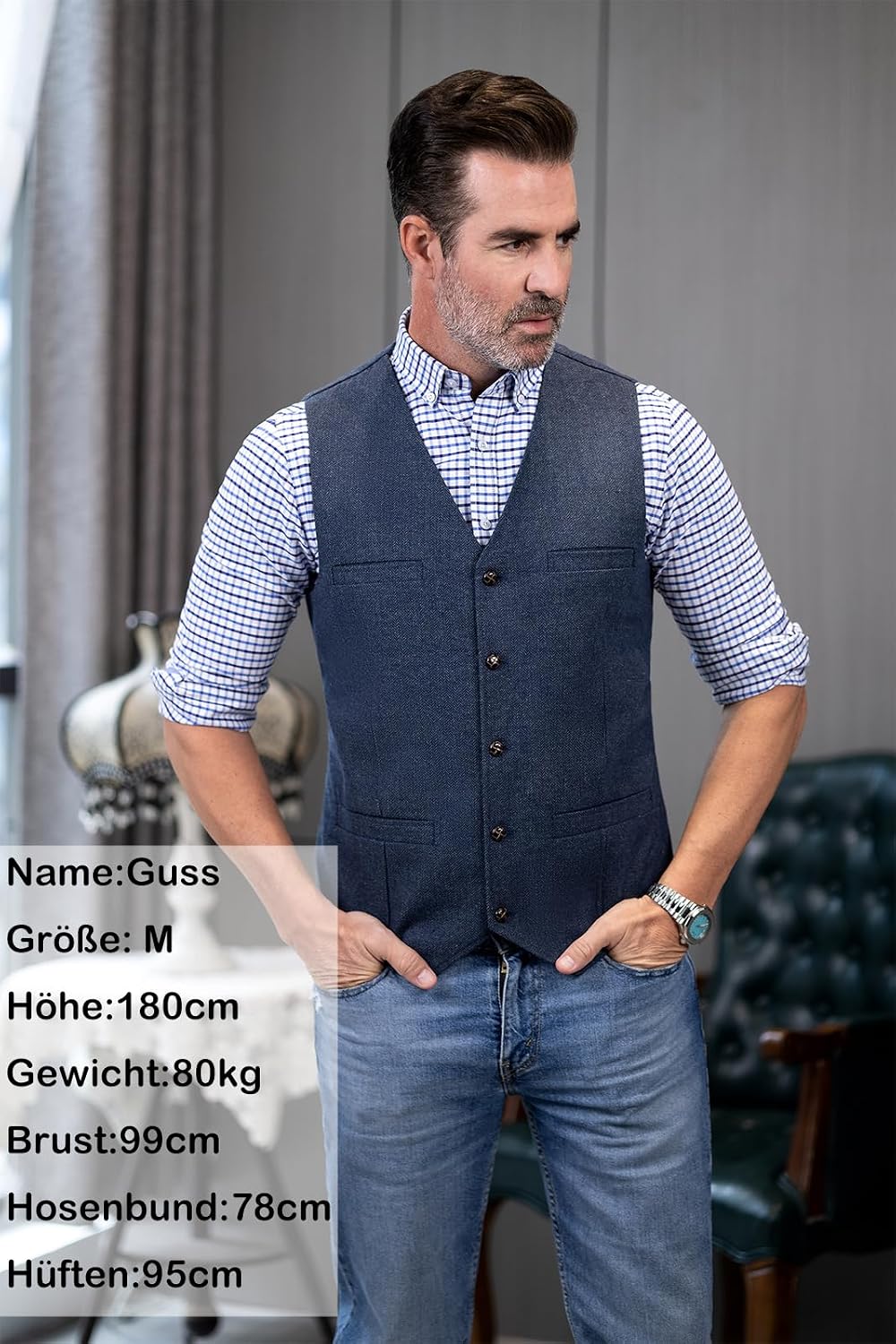 Thumbnail 4 de Solovedress Herren-Weste im Fischgrätmuster mit V-Ausschnitt für Hochzeit, Business & Alltag