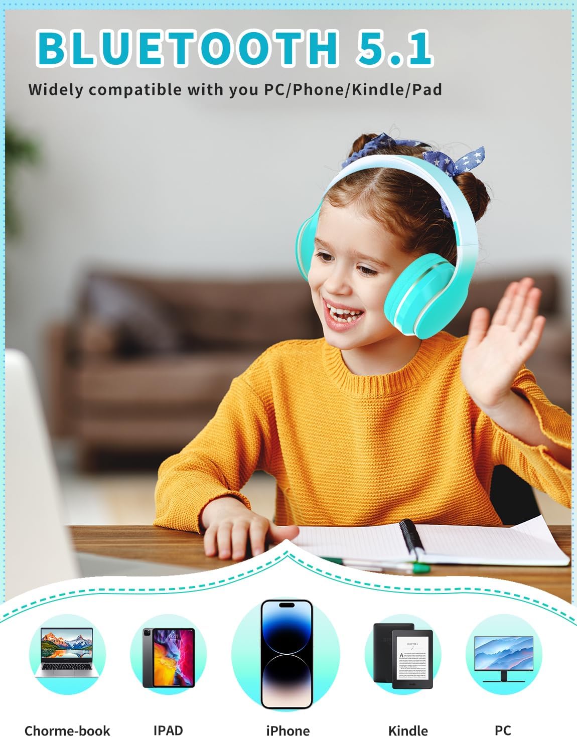 Thumbnail 4 de Bluetooth Kids Headphones: Wireless On-Ear Headset with 40mm Drivers, BT 5.1, 10h Battery, Foldable & Adjustable (Green)