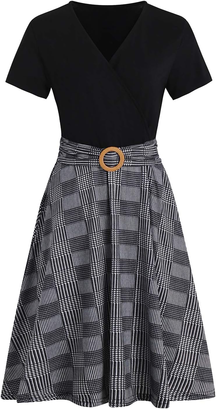 Thumbnail 1 de Women's Elegant Criss-Cross V Neck Vintage Short Sleeve Fit and Flare Tea Dress with Pockets 980