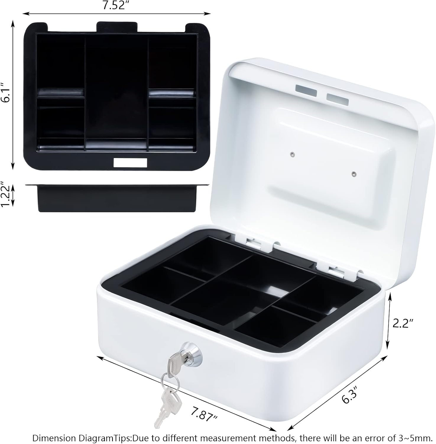 Detalle 1 de KYODOLED P0126 Medium Cash Box with 5-Compartment Tray, Key Lock, White