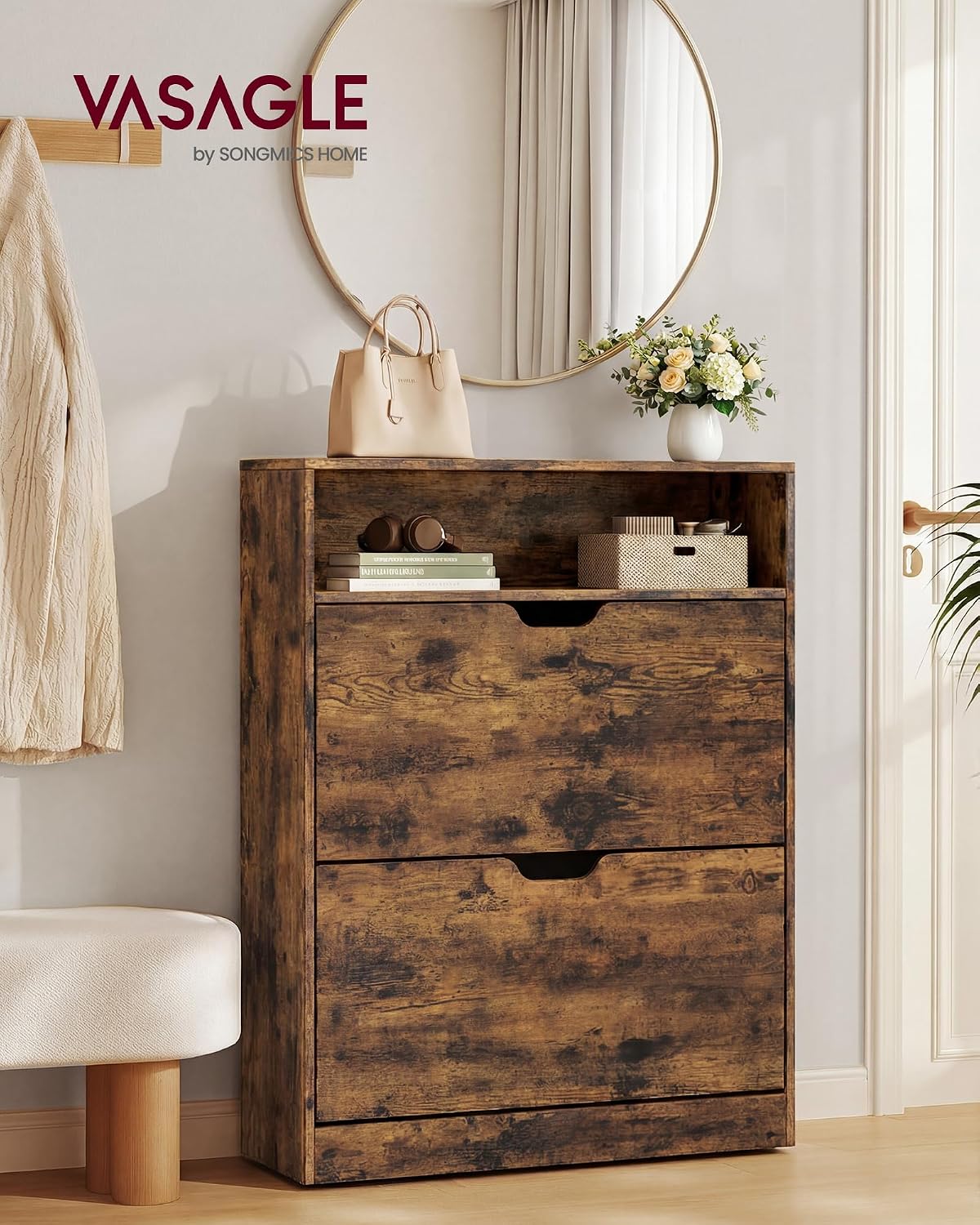 Detalle de VASAGLE LBC048B01 Shoe Cabinet with Hinged Doors and Adjustable Dividers