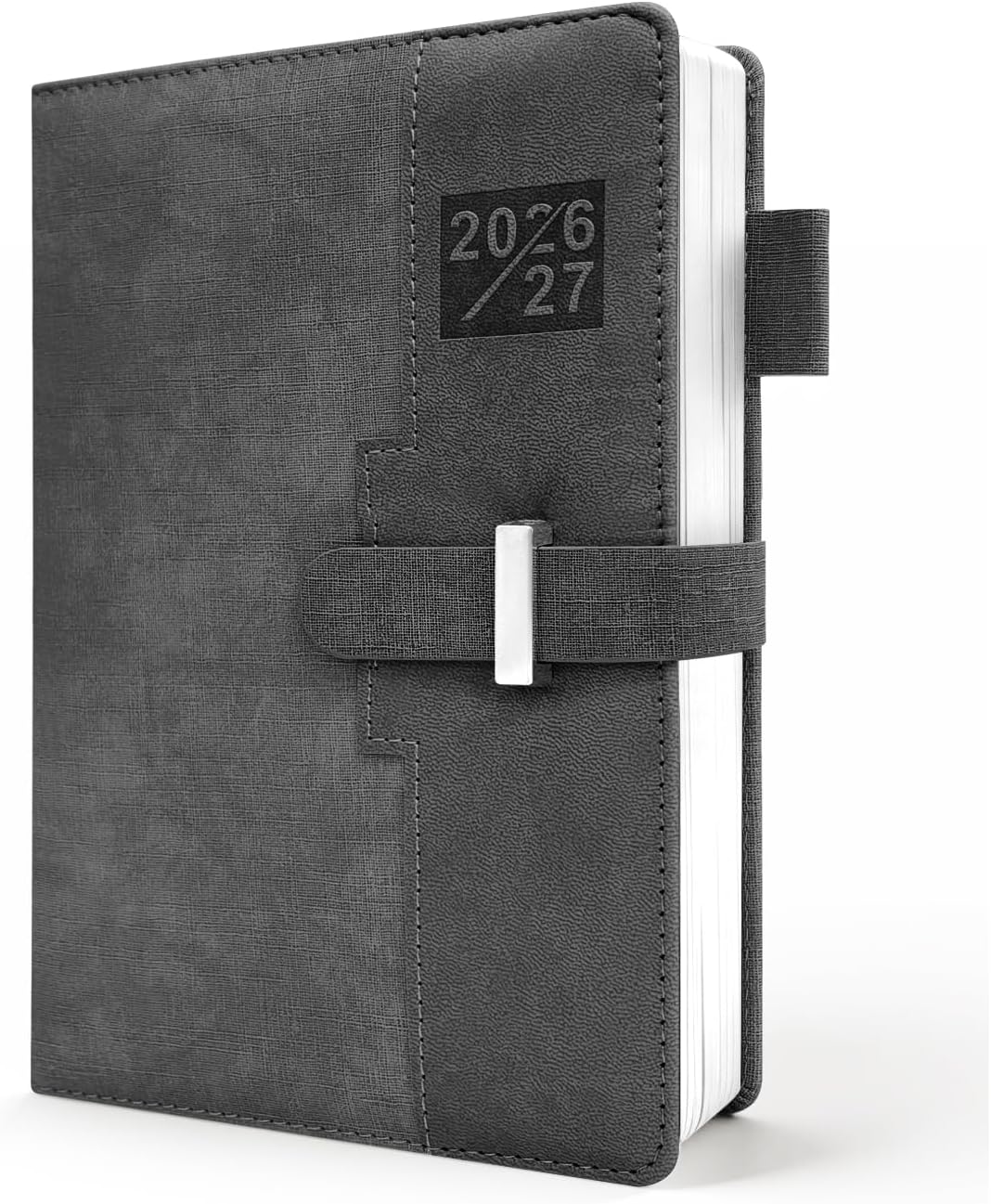 Detalle de HW CASA Agenda Giornaliera 2026–2027 A5: diario con festività multilingue, etichette mensili 3D e formato PU+CARTA