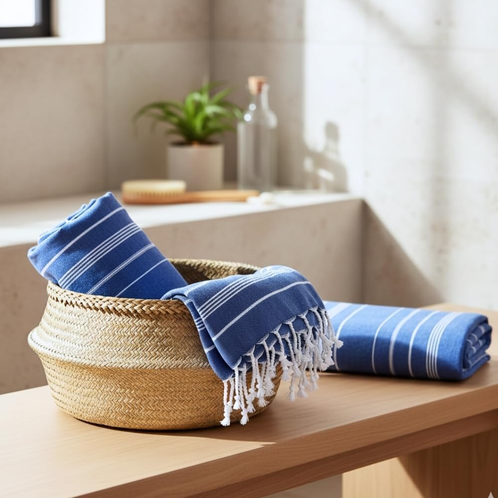 Detalle de MyStilo® XXL Saunahandtuch Hamamtuch – Großes, weiches 100x200 cm Handtuch aus recycelter Baumwolle in Saks Blau