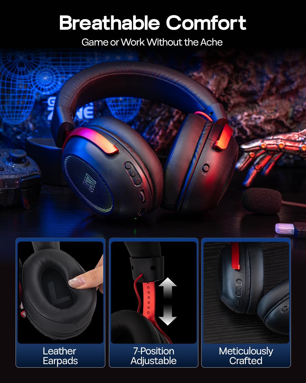 Detalle de EPOMAKER GX1 Wireless Gaming Headset, 7.1 Surround, 50mm Drivers, RGB