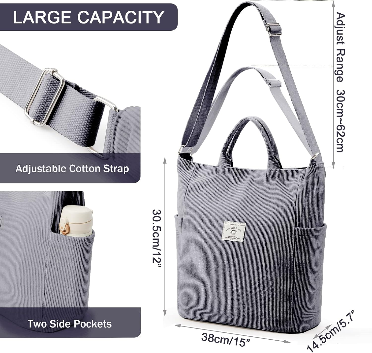 Thumbnail 5 de KALIDI Damen Handtasche Canvas Shopper aus Cord – Shopper Schulter- & Umhängetasche für Alltag, Schule und Einkäufe