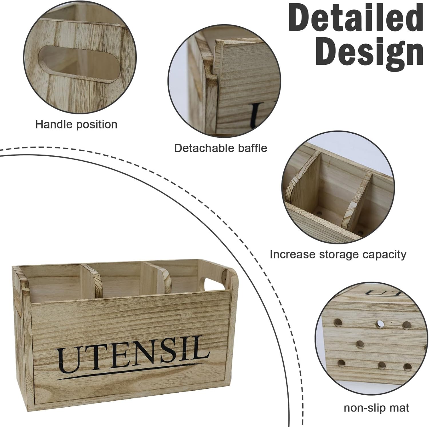 Detalle de Gzsekken Rustic Kitchen Utensil Holder (Large, 3 Compartments) with Drainage Bottom, Brown