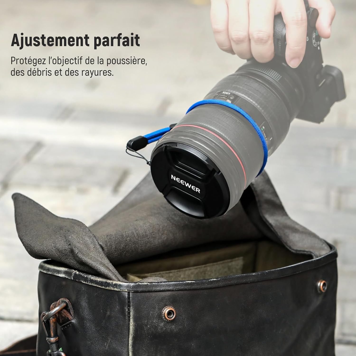 Detalle de NEEWER lot de 2 capuchons d’objectif 49 mm avec sangle anti-perte et chiffon de nettoyage