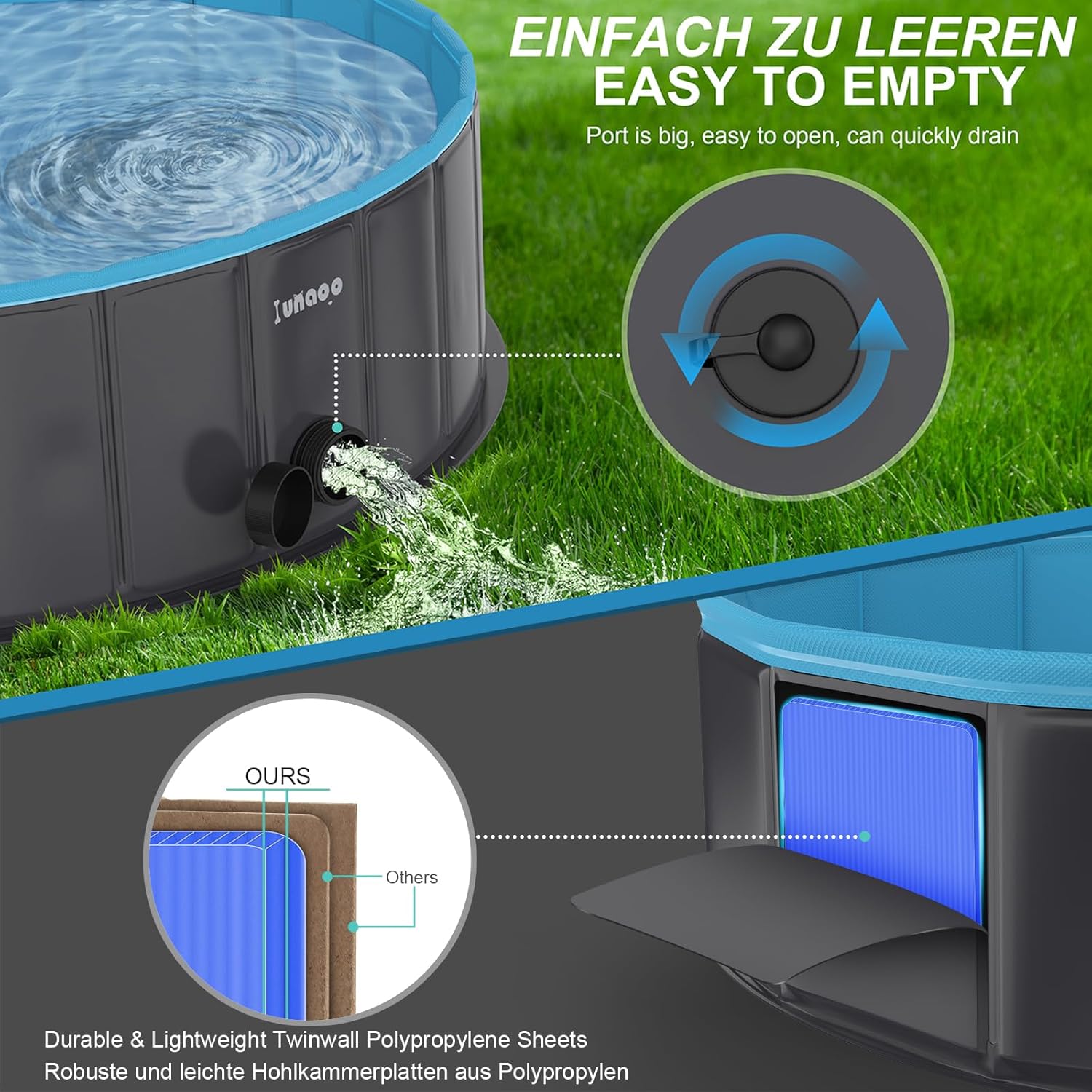 Thumbnail 2 de lunaoo Dog Paddling Pool Foldable Pet Swimming Pool (120 x 30 cm) – portable PVC dog bath tub, light blue