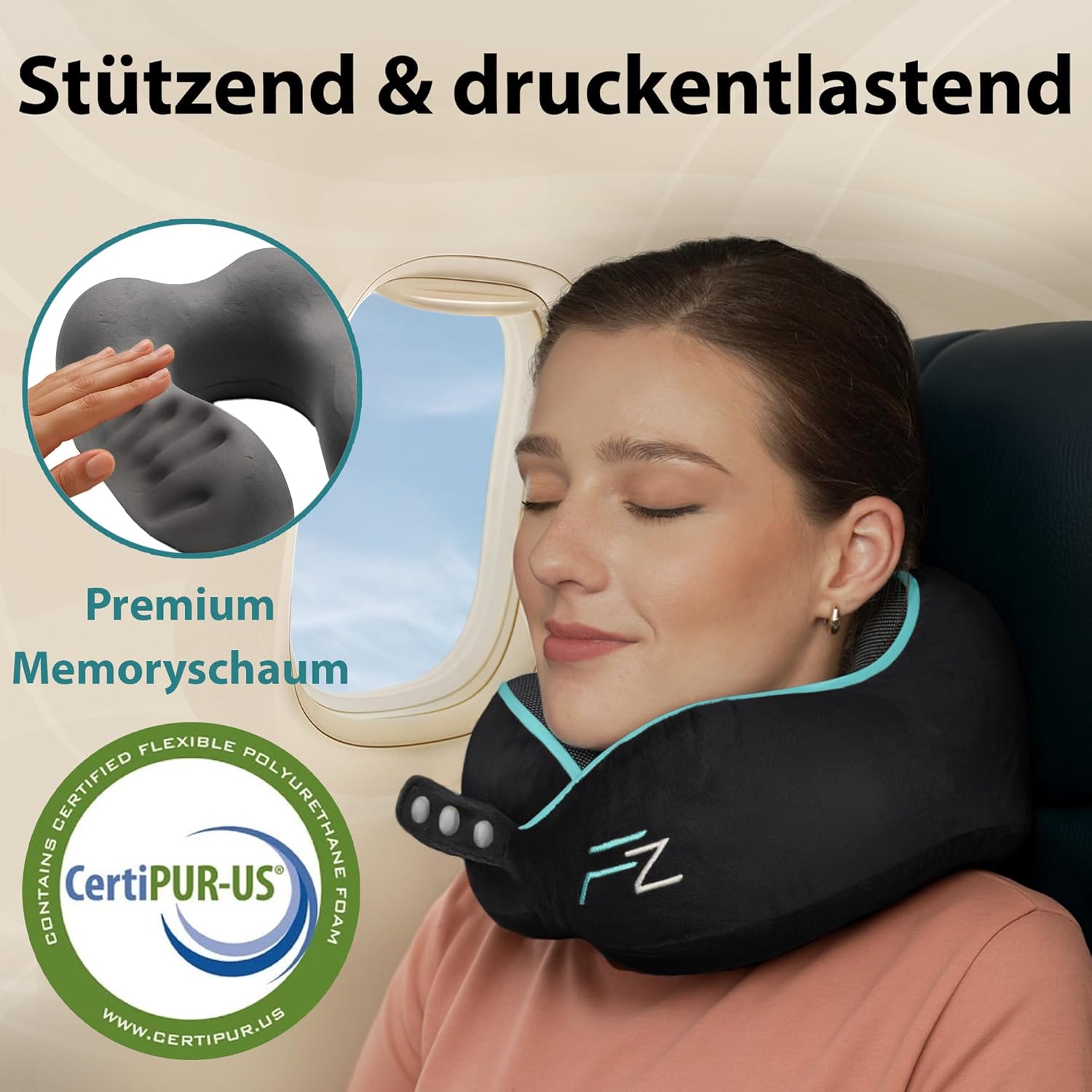 Thumbnail 6 de FLOWZOOM Comfy Nackenkissen für Flugzeug & Auto – einstellbares Memoryschaum Nackenhörnchen mit Druckknöpfen, waschbarer Bezug