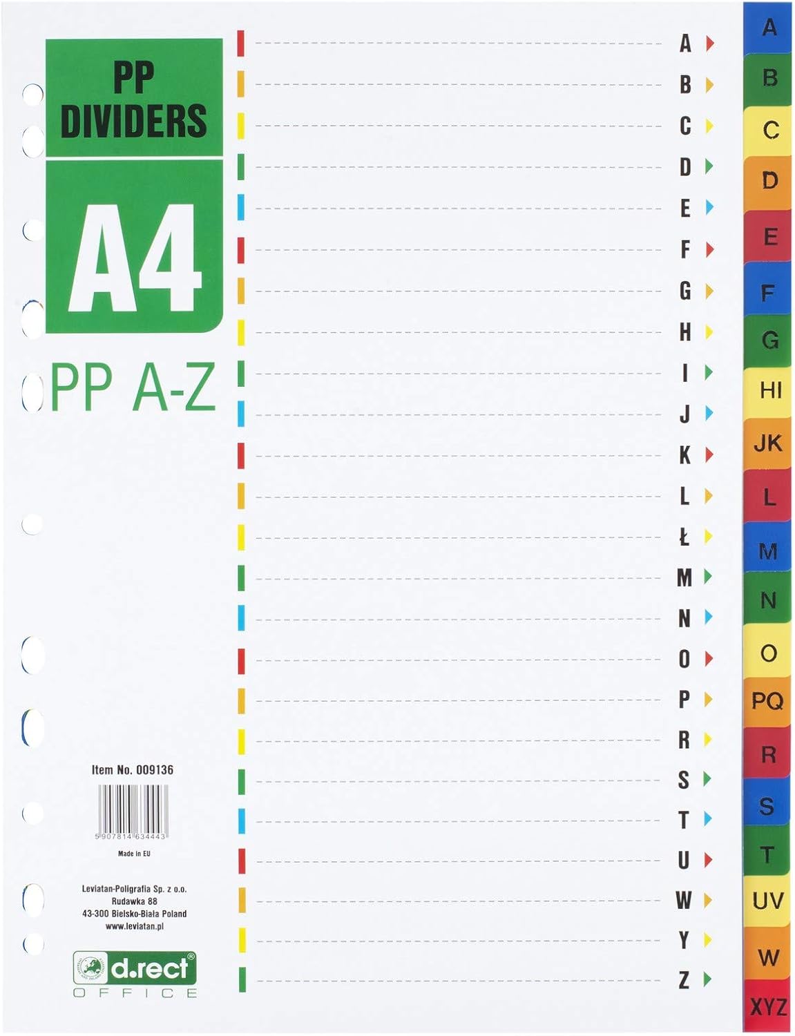 Detalle de D.RECT A4-skiljeblad i polypropen, flerfärgade, 20 avdelare