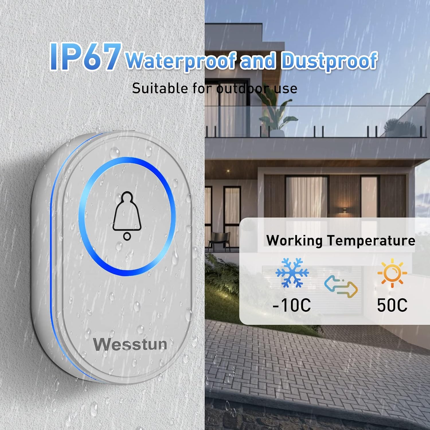 Thumbnail 3 de Wesstun Wireless Doorbell (Waterproof) with 39 chimes and 5-volume levels, White