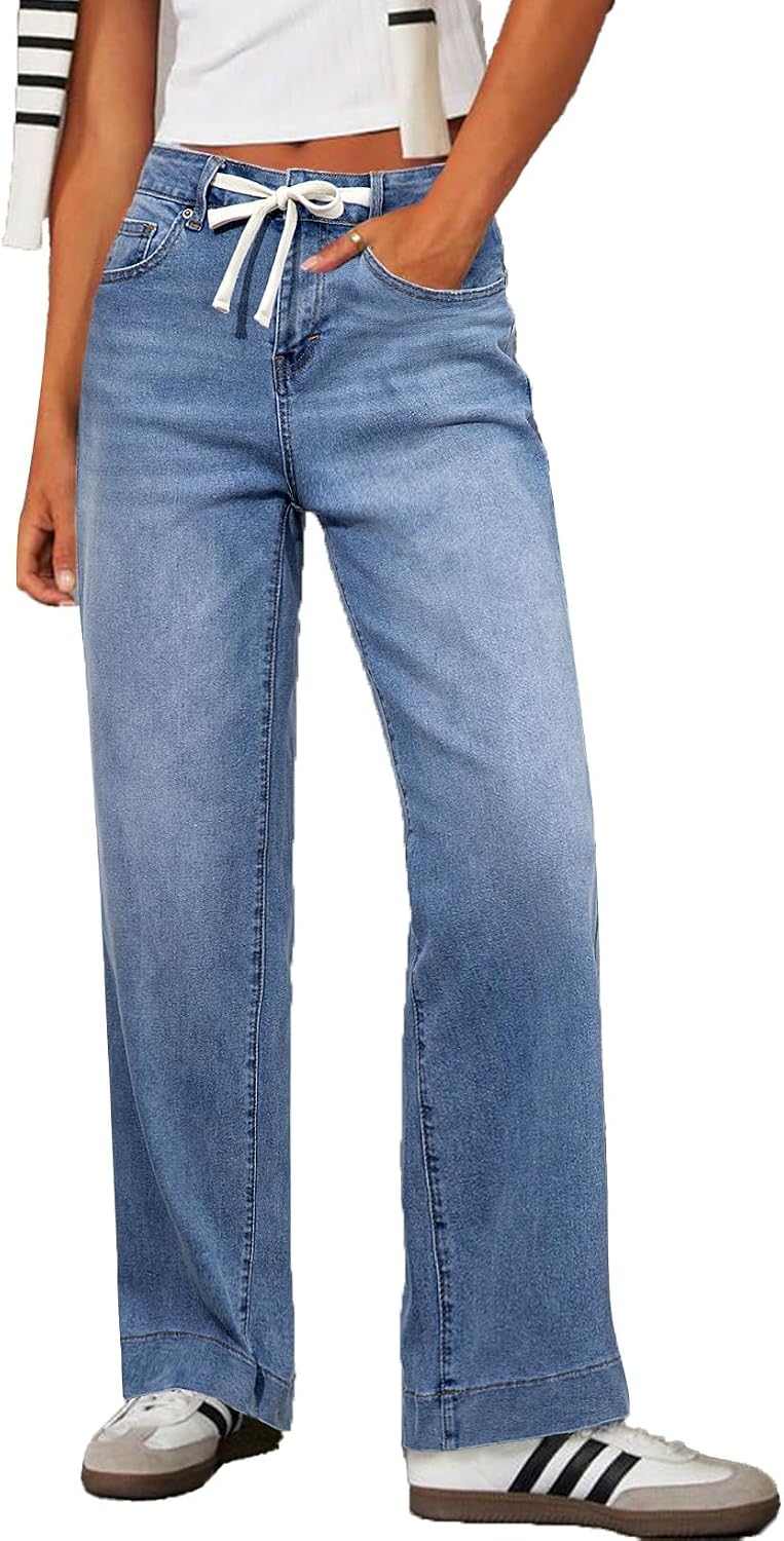 Detalle de Sidefeel Women's Wide Leg Jeans with High Rise & Drawstring — Zimbaplatinum Denim