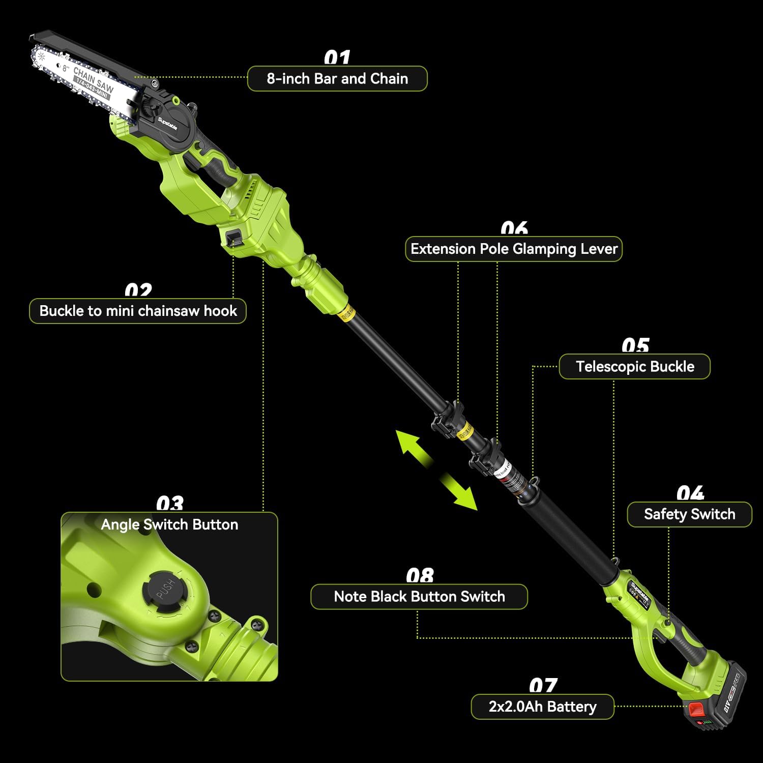 Thumbnail 6 de Supstable 2-in-1 Akku Hochentaster & 8 Zoll Mini Kettensäge – Vielseitige Gartenpflege mit Teleskopstange