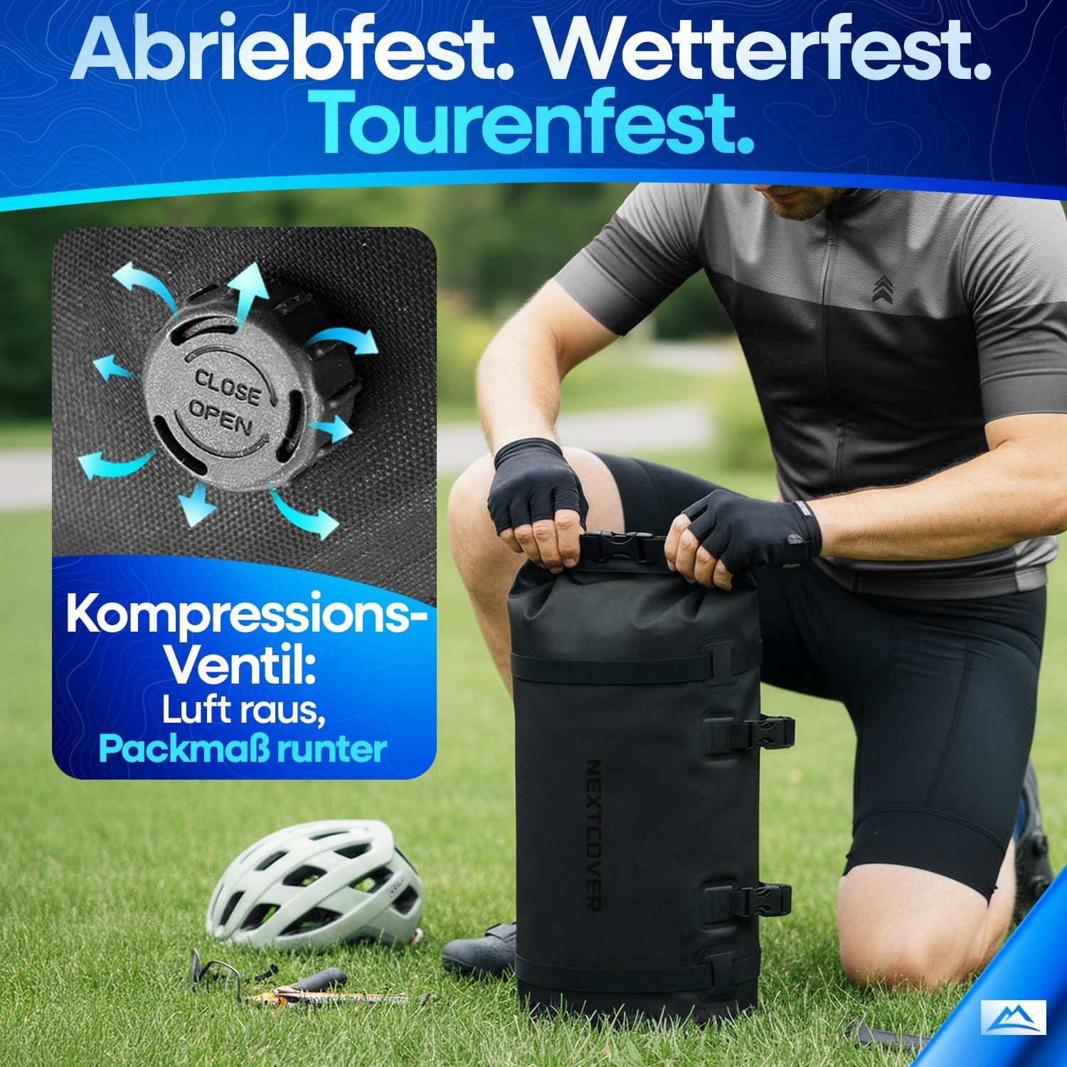Detalle de Nextcover® Bikepacking Lenkerrolle 10L – Wasserdichte Lenkerstasche für Gravelbike, MTB und Rennrad