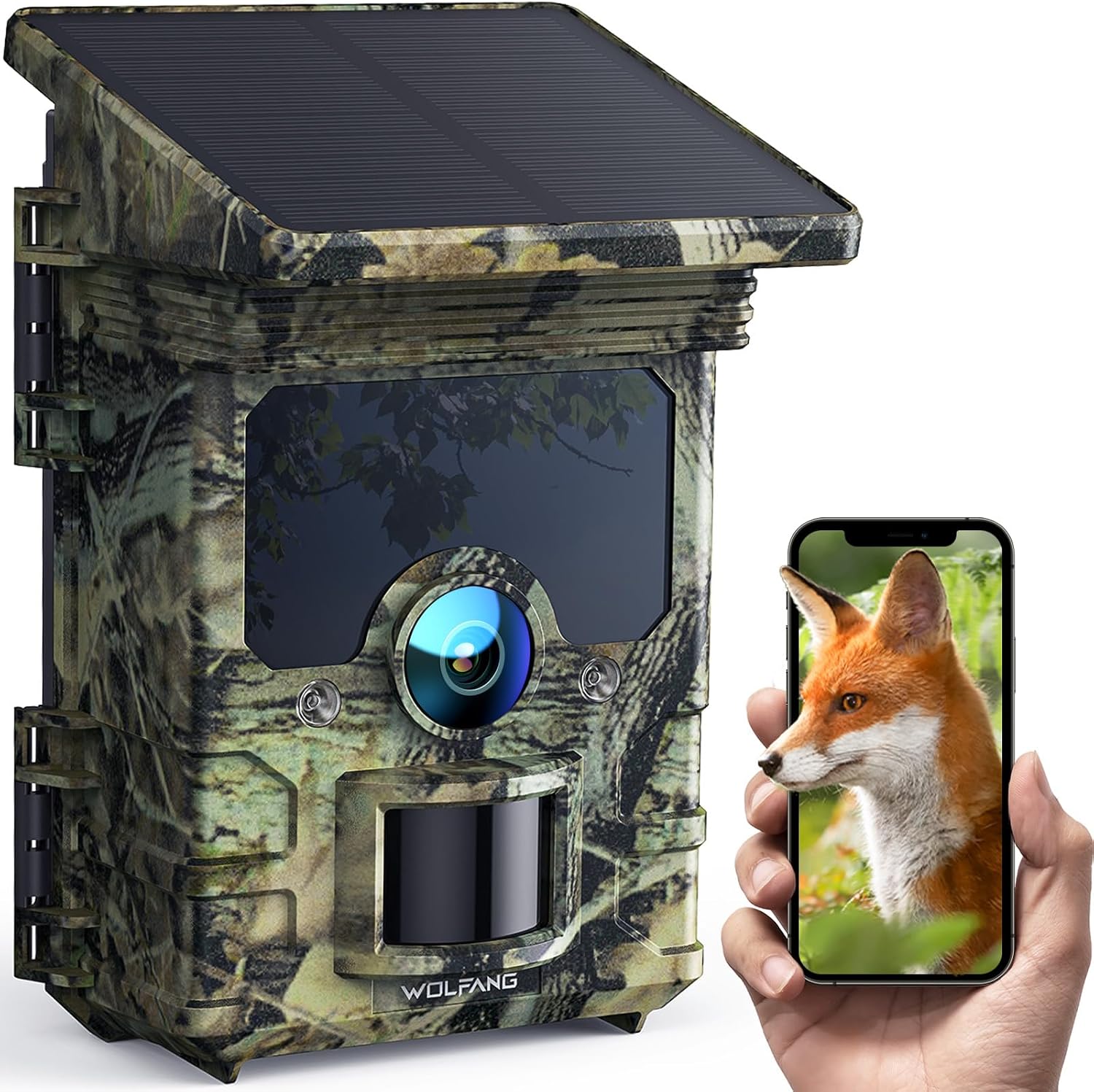 Detalle de WOLFANG WT03 wildcamera met zonnepaneel, 4K-video en 68MP-foto’s