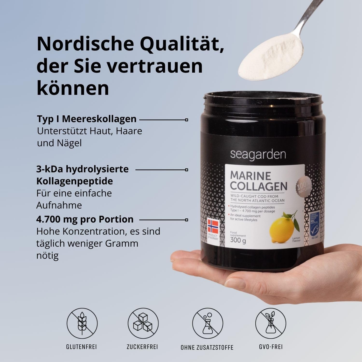 Detalle de Seagarden Marine Collagen Pulver – Reines Typ 1 Kollagen aus wildem Kabeljau, Zitronengeschmack, 300 г (60 Portionen)