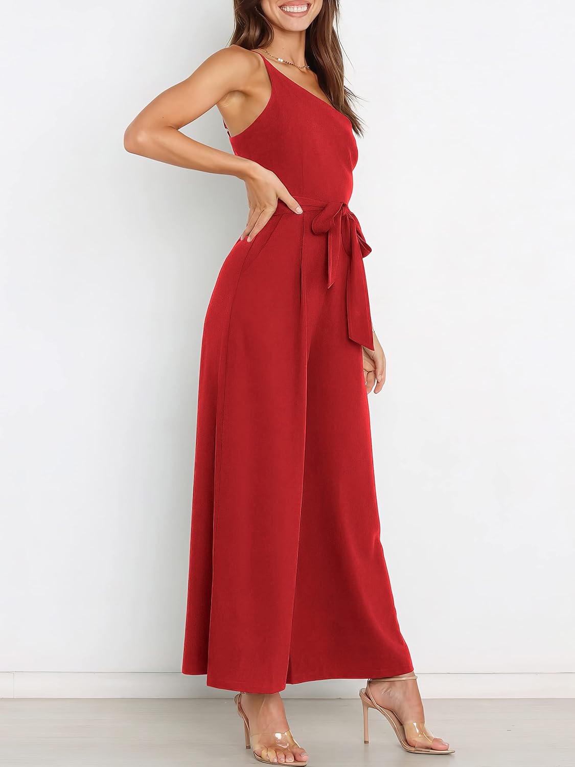 Thumbnail 1 de ANRABESS One-Shoulder Sleeveless Jumpsuit Romper with Tie-Waist & Hidden Pockets (Women’s)