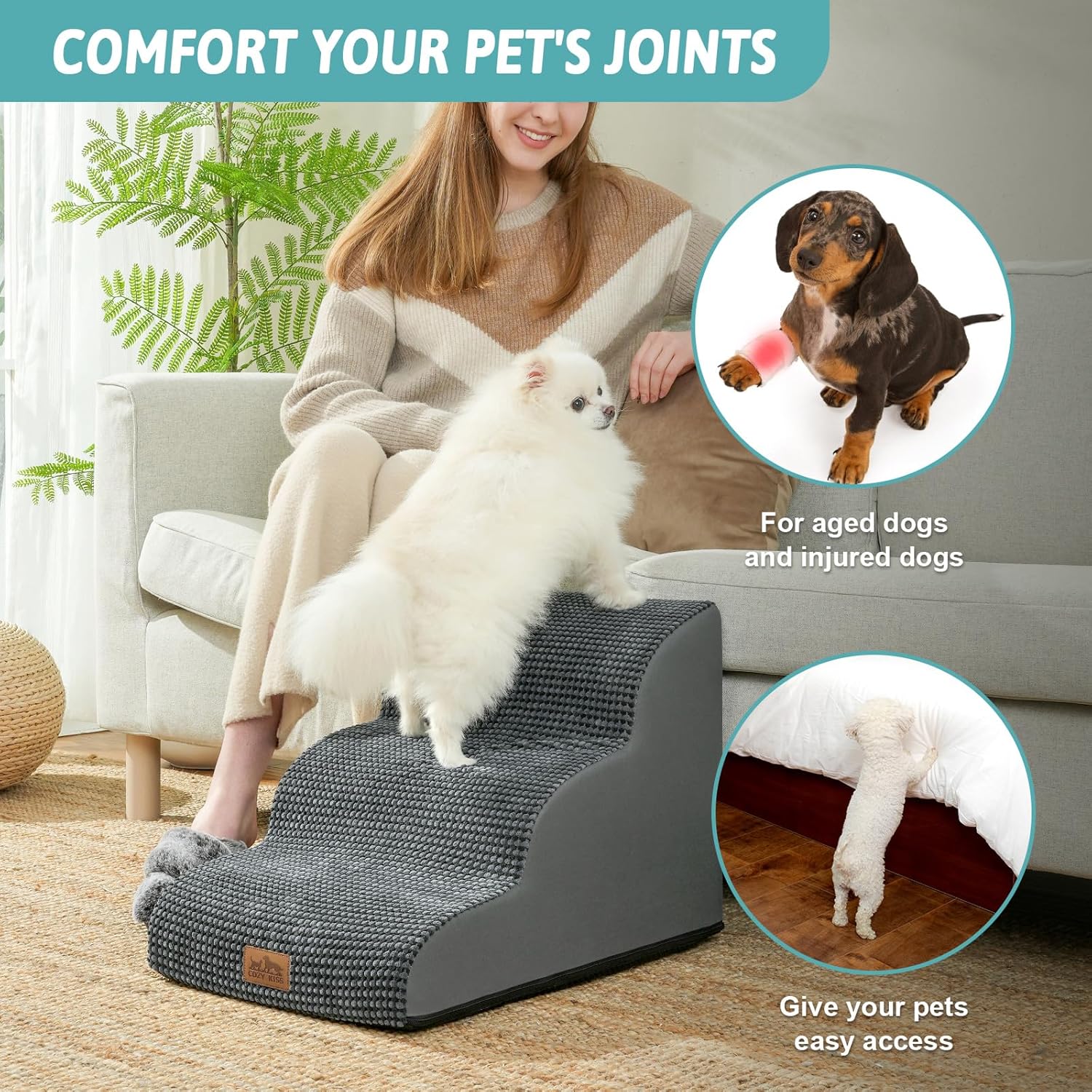 Thumbnail 2 de COZY KISS Dog Stairs for Small Dogs – Curved 3-Tier Foam Steps