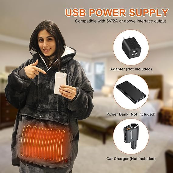Detalle de Junbig Wearable Heated Blanket Hoodie with Sherpa Lining and 3 Heat Settings