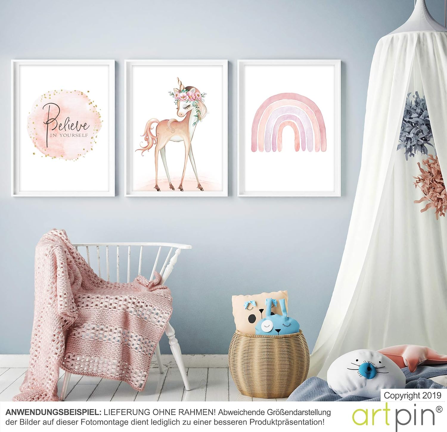 Thumbnail 1 de artpin® Einhorn Bilder Kinderzimmer 3er Set – DIN A4 Wanddekoration Rosa Regenbogen