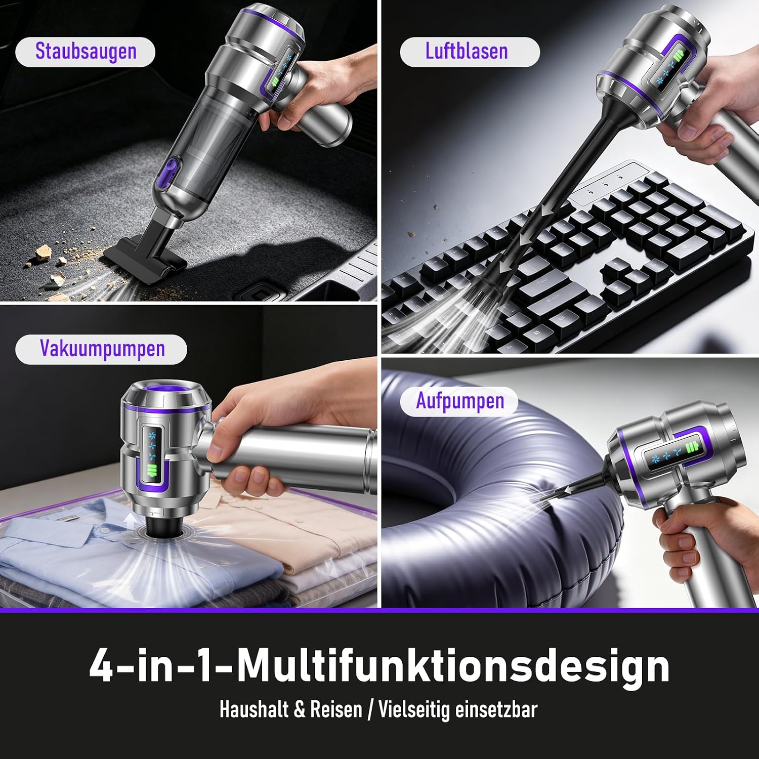 Detalle de botatio Handstaubsauger 25000Pa 4-in-1 mit Display & Selbstentleerung – 3-Stufen Motor, Akku, Silber